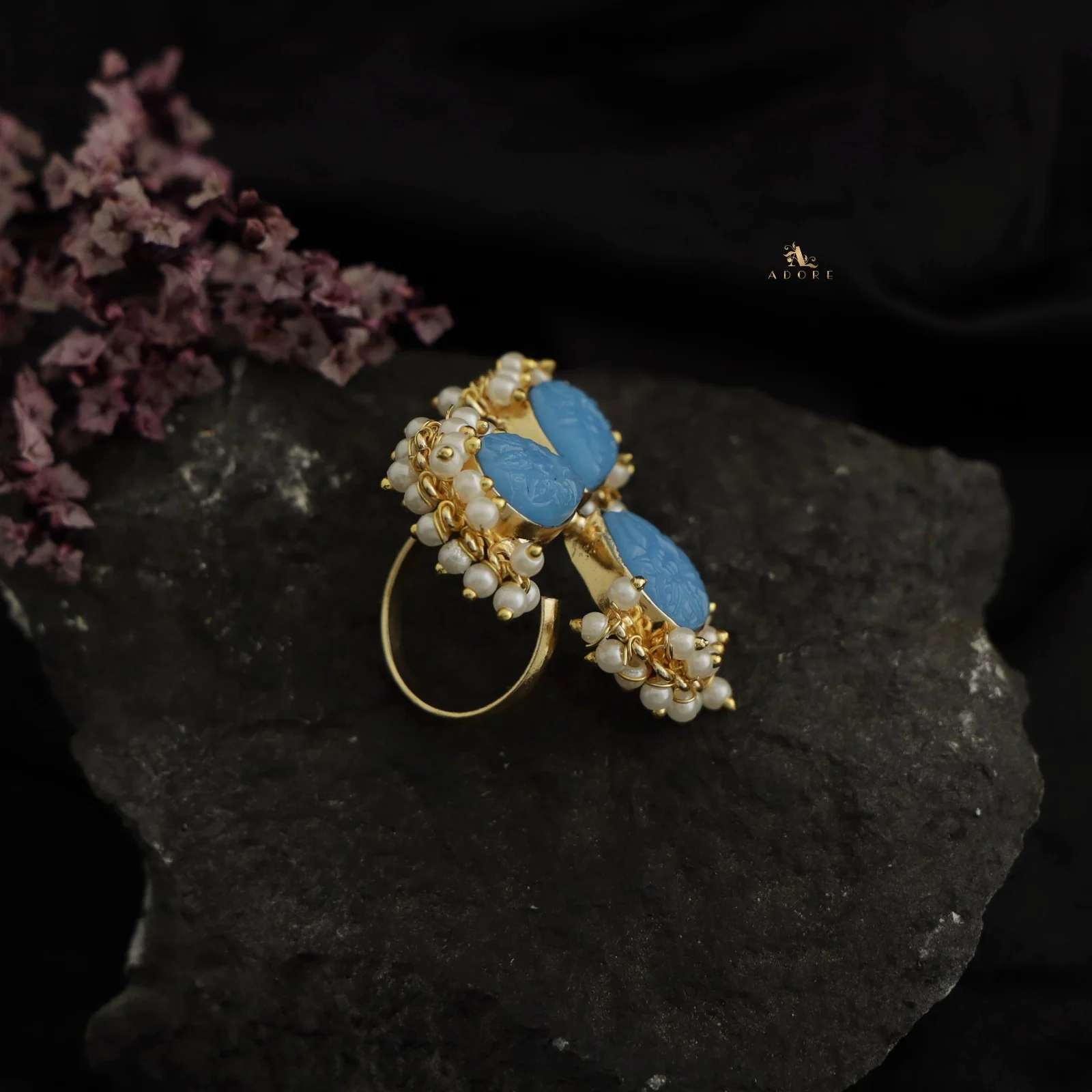 Golden Carved 3 Petal Cluster Pearl Ring - Image 5