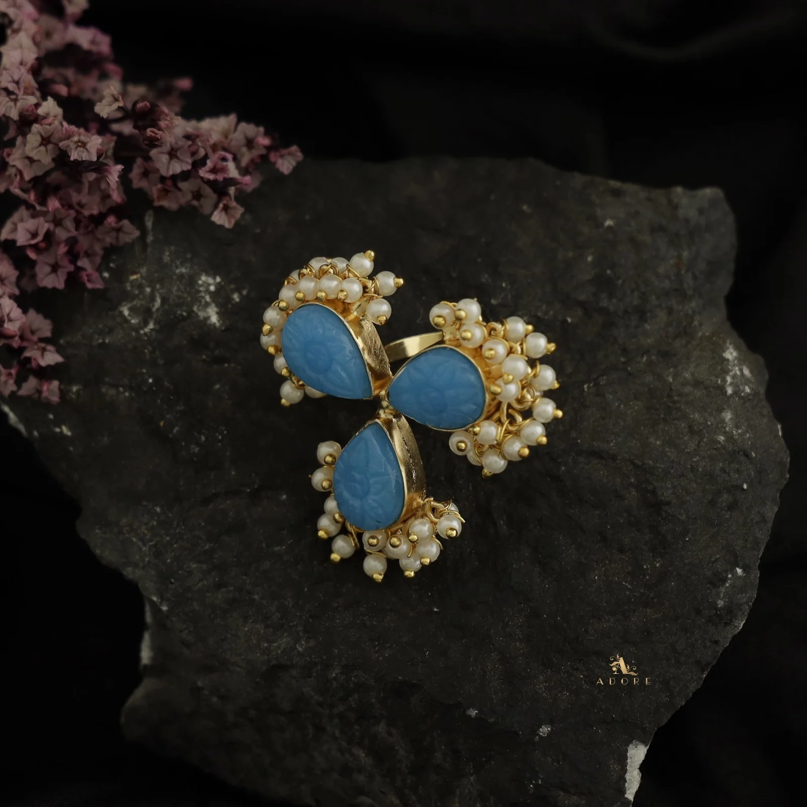 Golden Carved 3 Petal Cluster Pearl Ring - Image 6