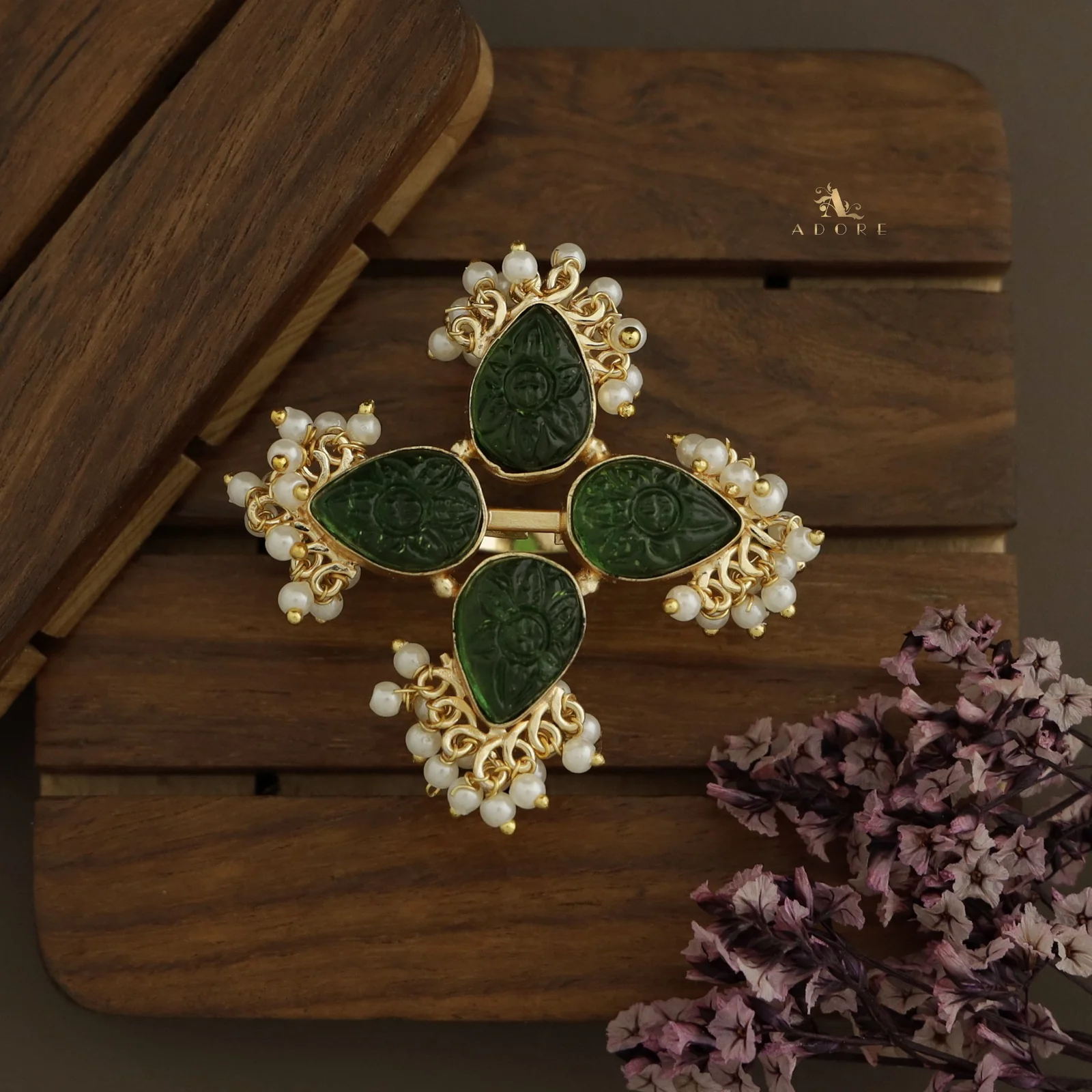 Golden Carved 4 Petal Cluster Pearl Ring - Image 3