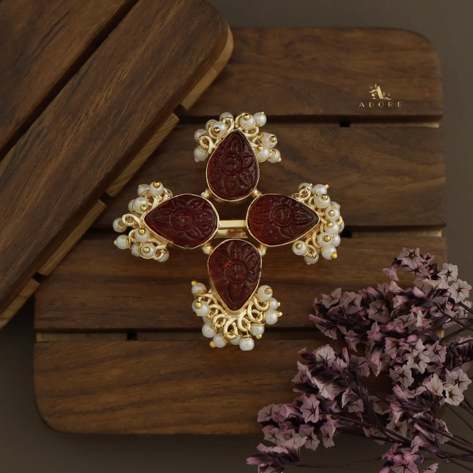 Golden Carved 4 Petal Cluster Pearl Ring - Image 5