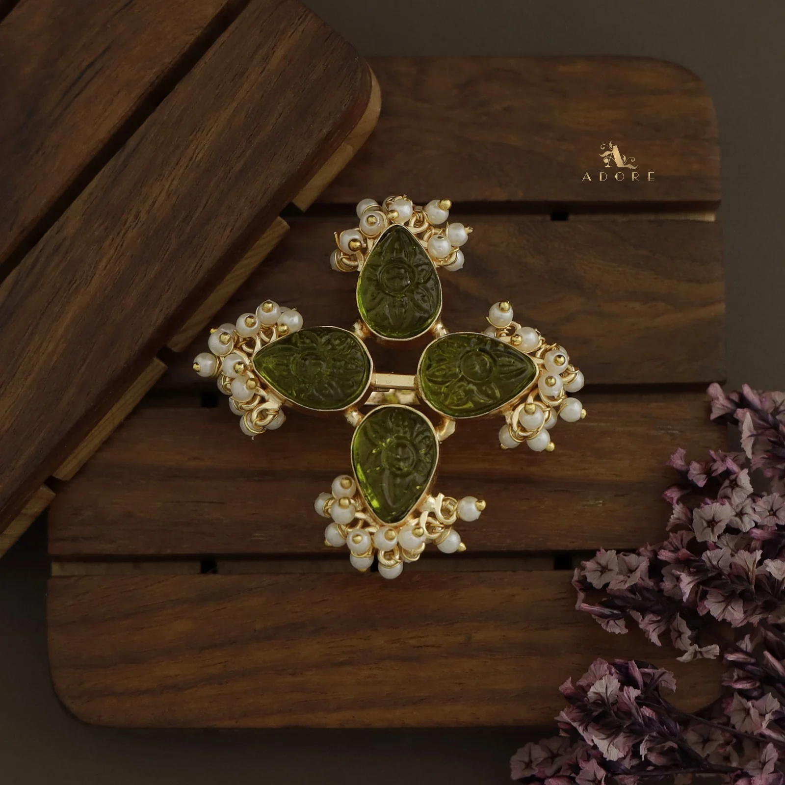 Golden Carved 4 Petal Cluster Pearl Ring - Image 6