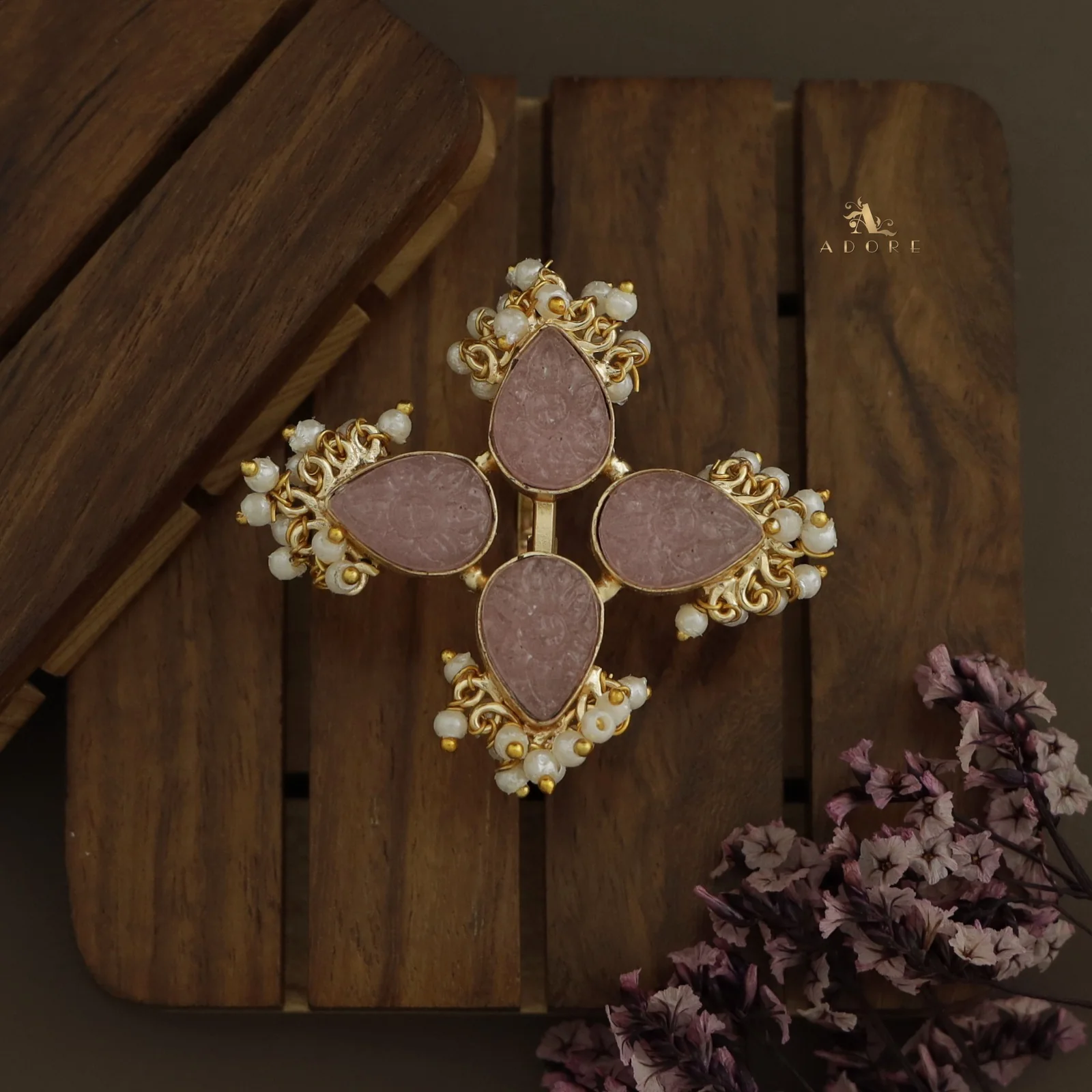 Golden Carved 4 Petal Cluster Pearl Ring - Image 7