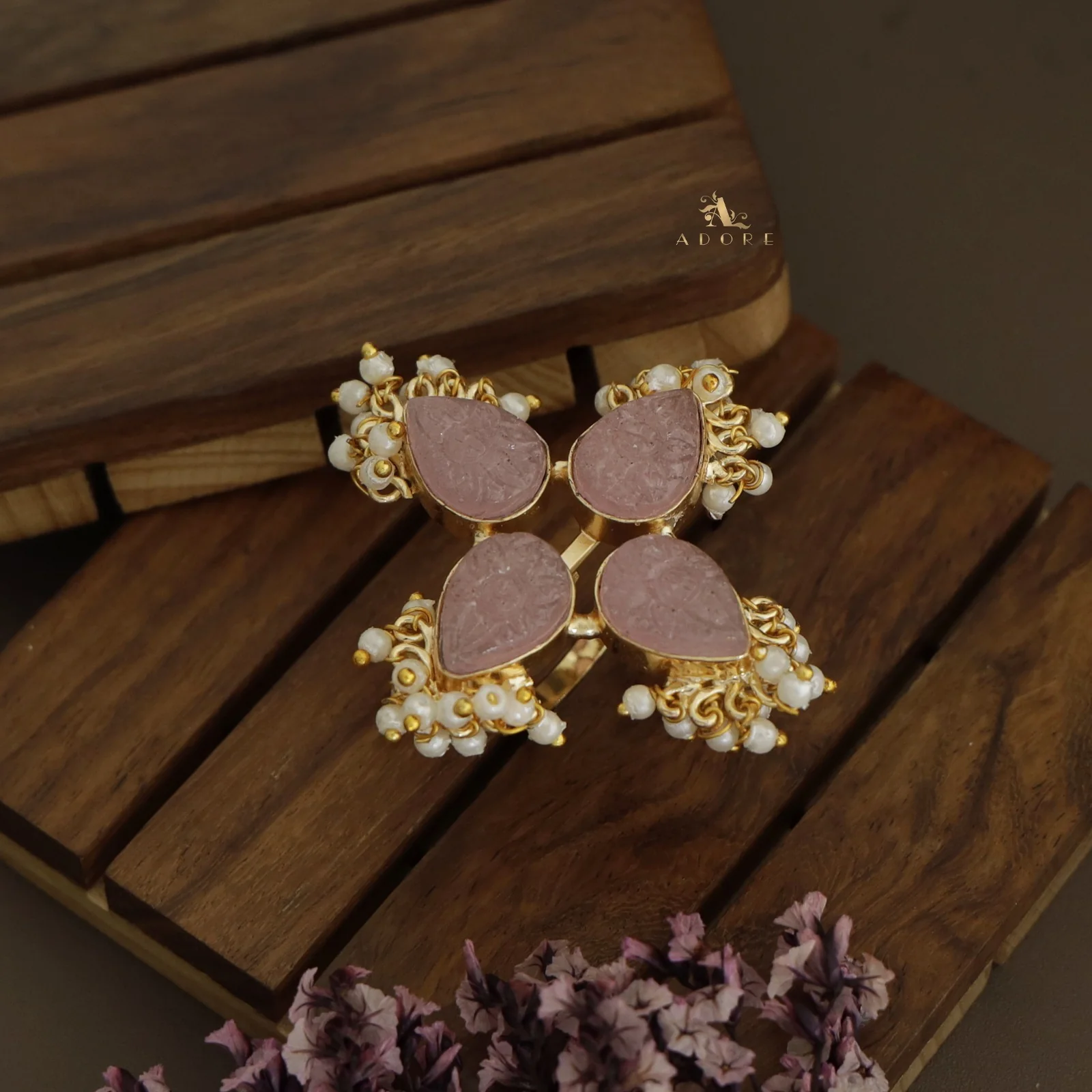 Golden Carved 4 Petal Cluster Pearl Ring - Image 8