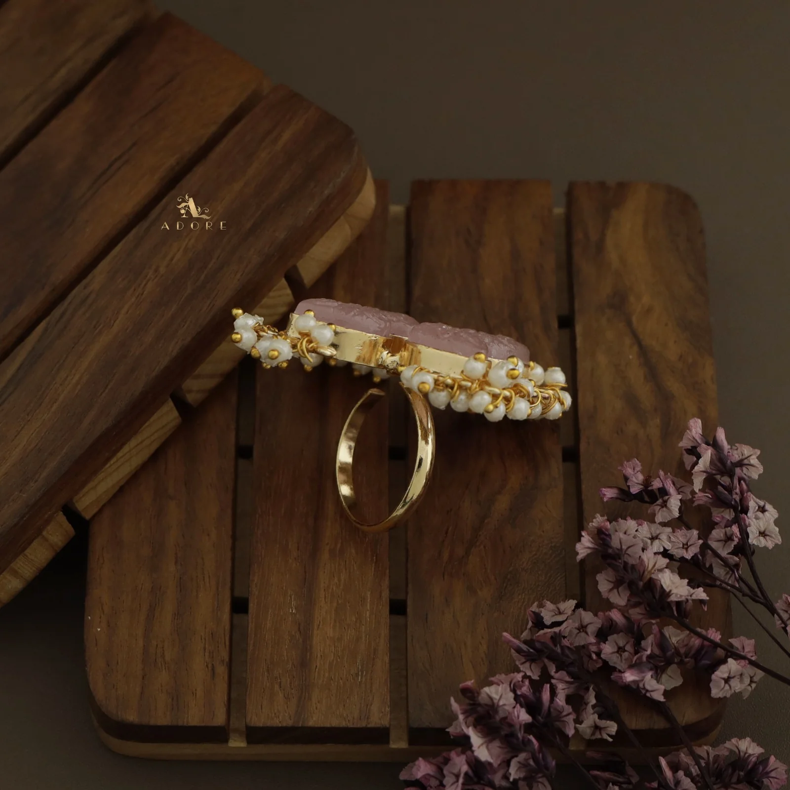 Golden Carved 4 Petal Cluster Pearl Ring - Image 9