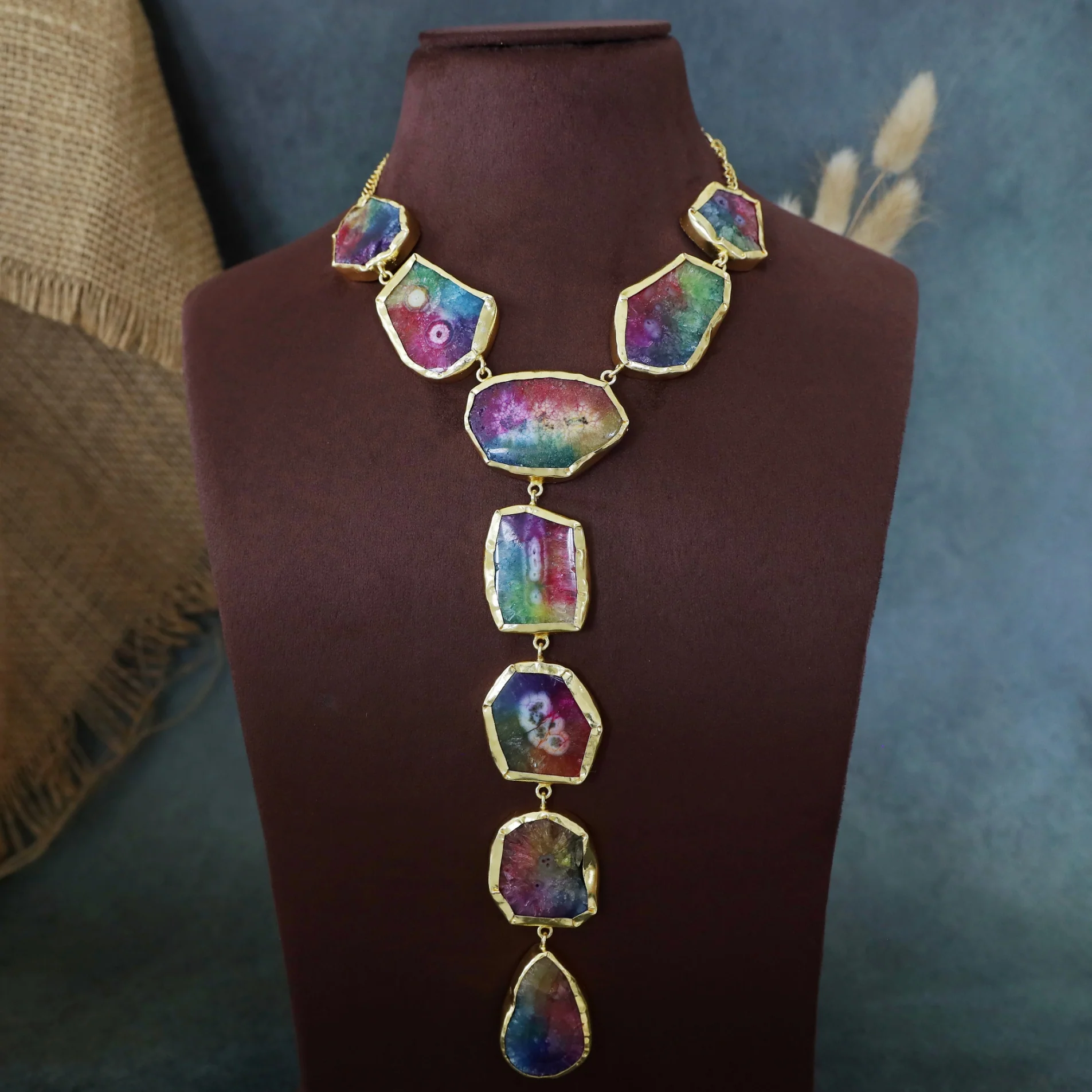 Golden Chainy Agate Stone Neckpiece With Earring - Image 4