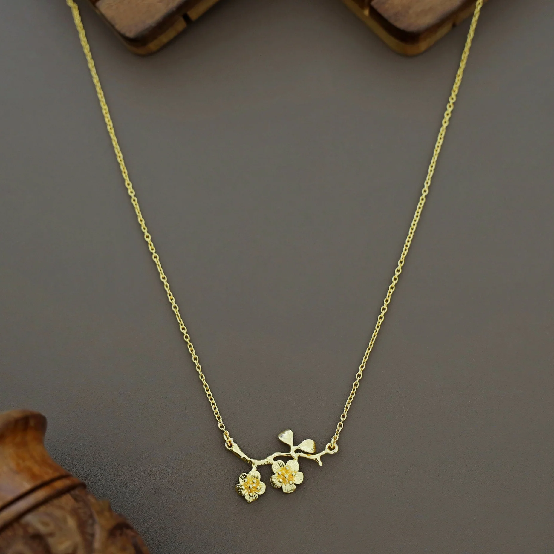 Golden Cherry blossom branch Pendant Neckpiece - Image 2