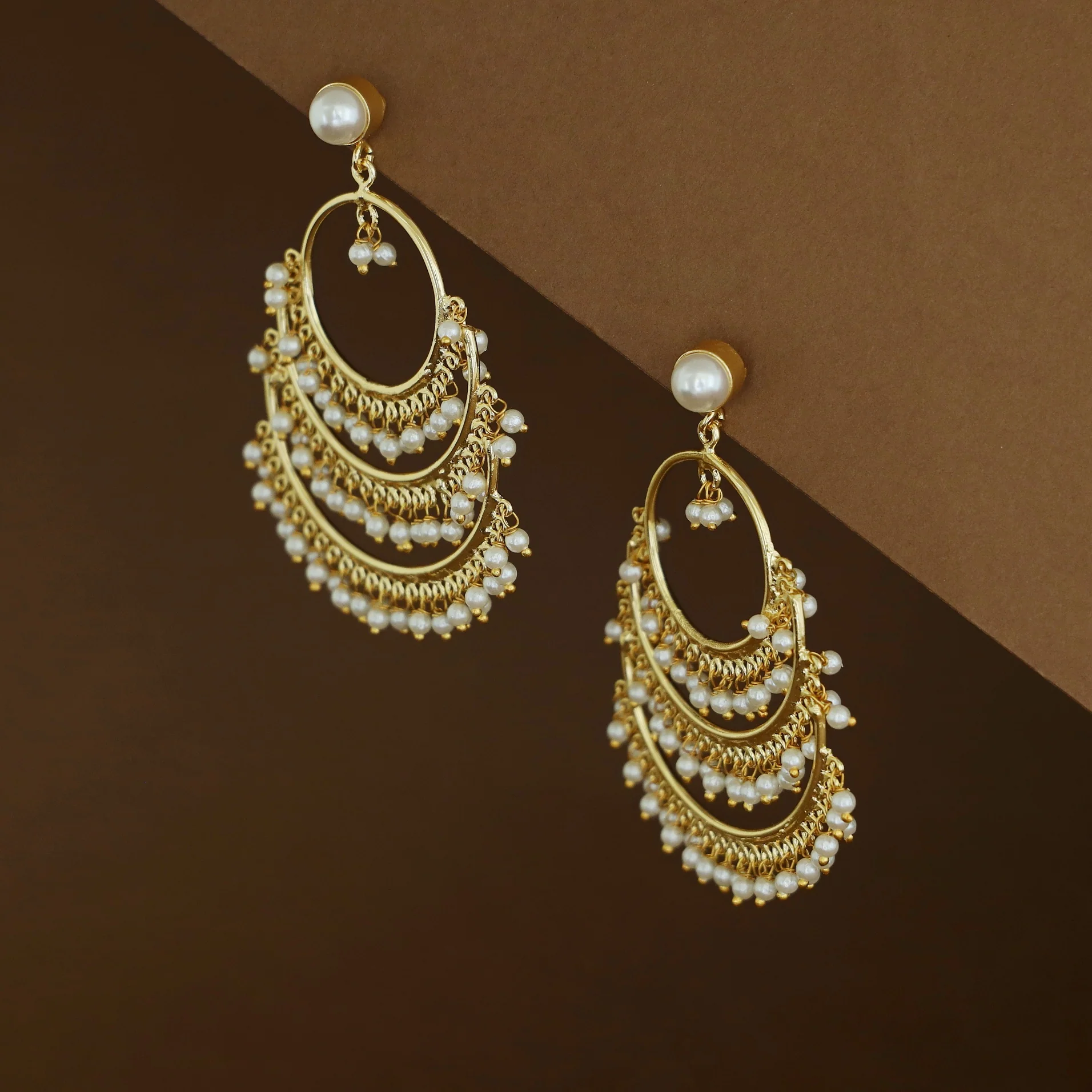 Golden Circle 3 Layer Cluster Pearl Chandbali Earring - Image 2