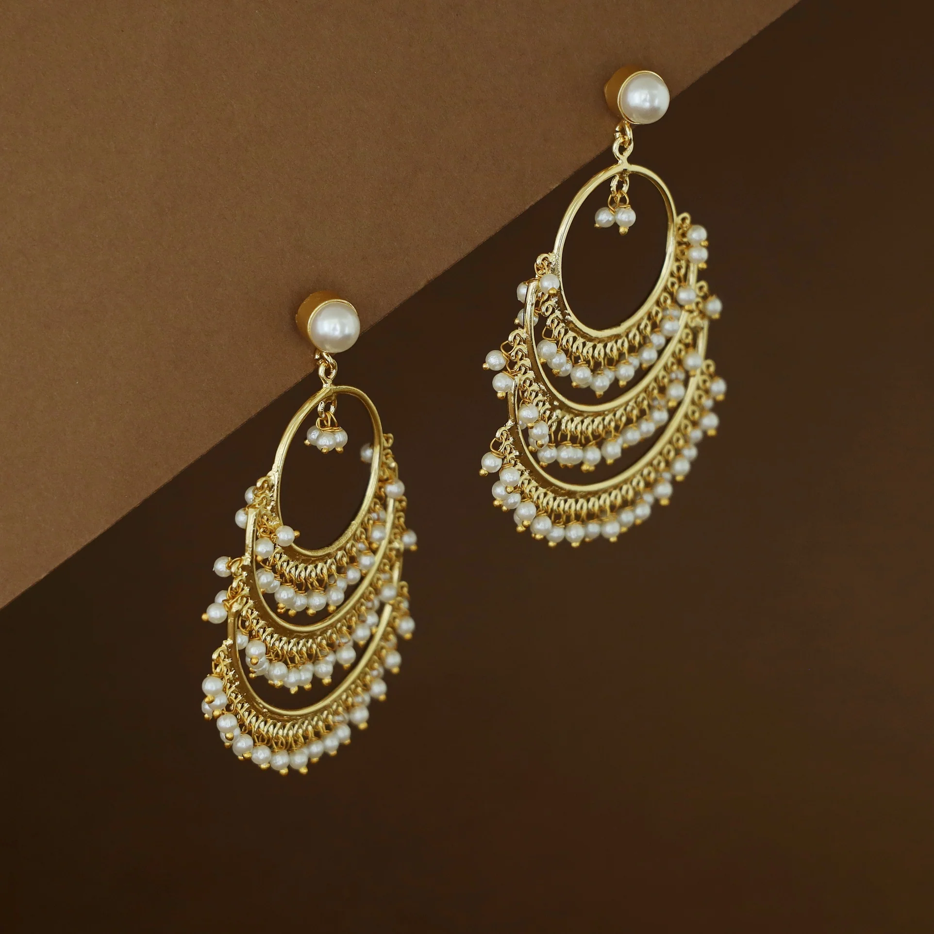 Golden Circle 3 Layer Cluster Pearl Chandbali Earring - Image 3