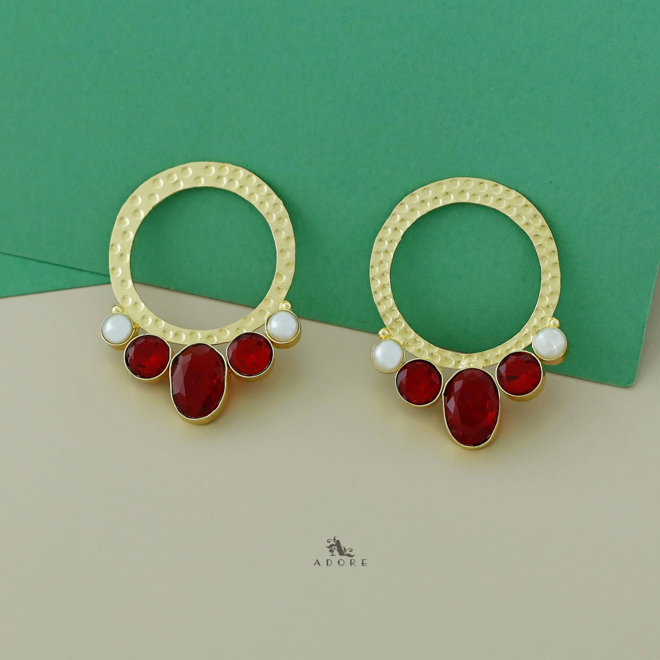 Golden Circle And Tri Glossy Dual Pearl Earring - Image 2