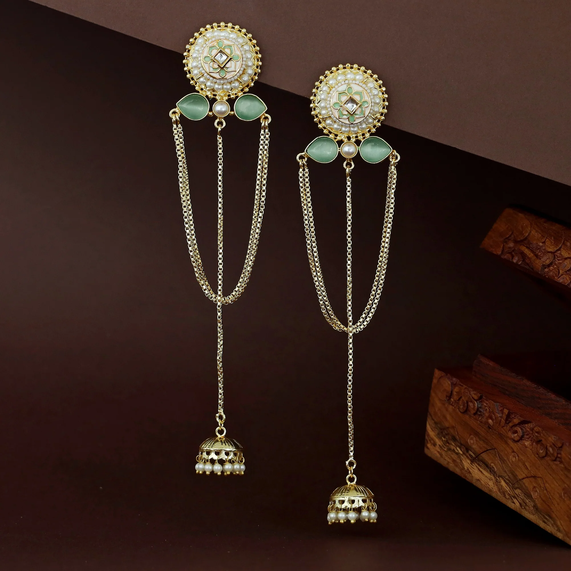 Golden Circle Pearl Glossy Hanging Kashmiri Jhumka - Image 3