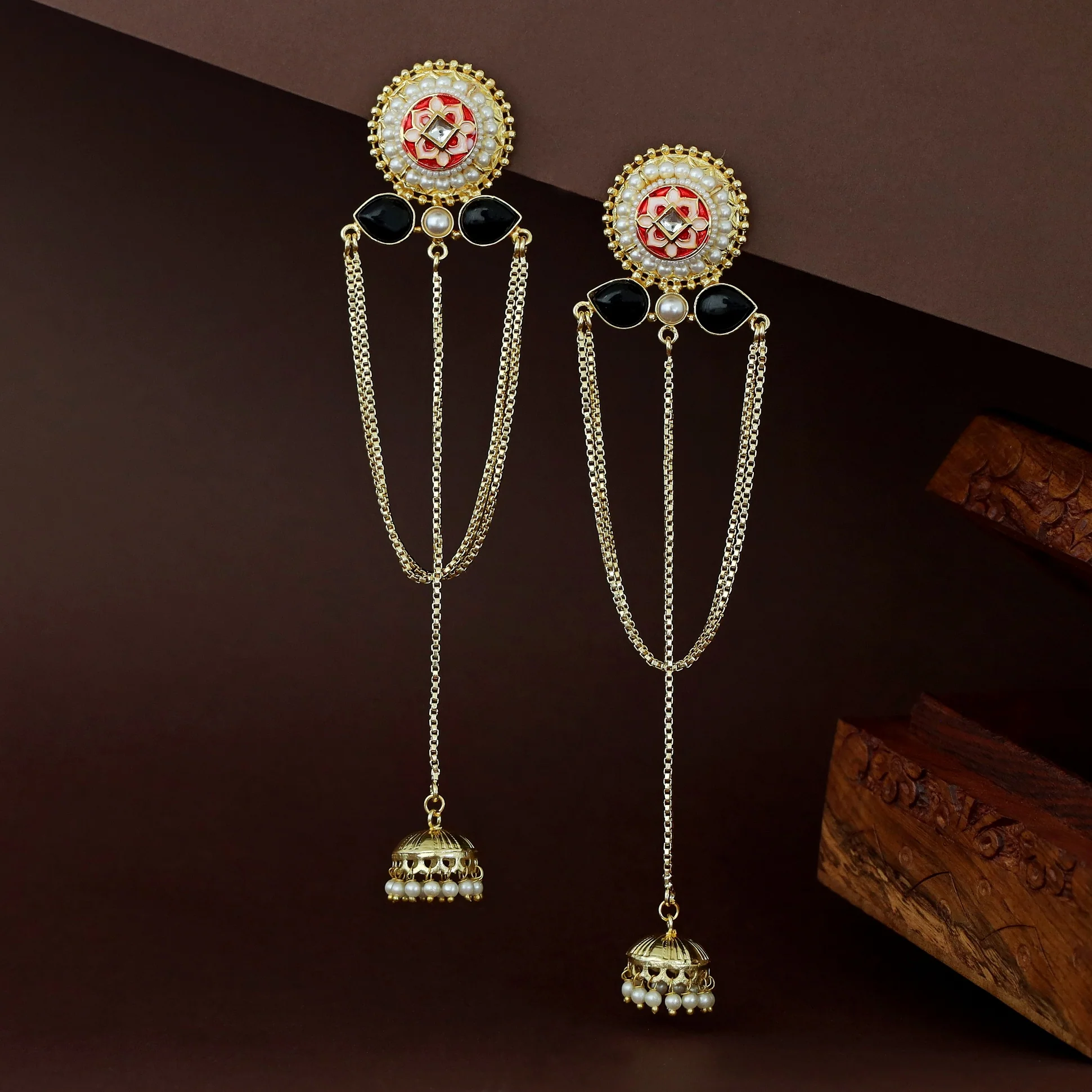Golden Circle Pearl Glossy Hanging Kashmiri Jhumka - Image 4