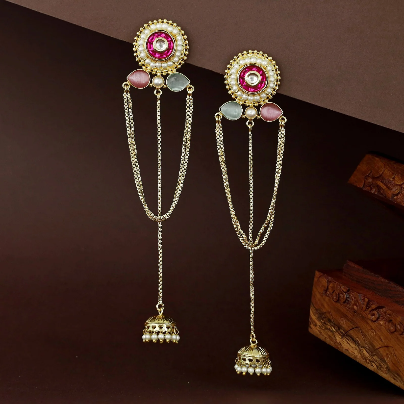 Golden Circle Pearl Glossy Hanging Kashmiri Jhumka - Image 5