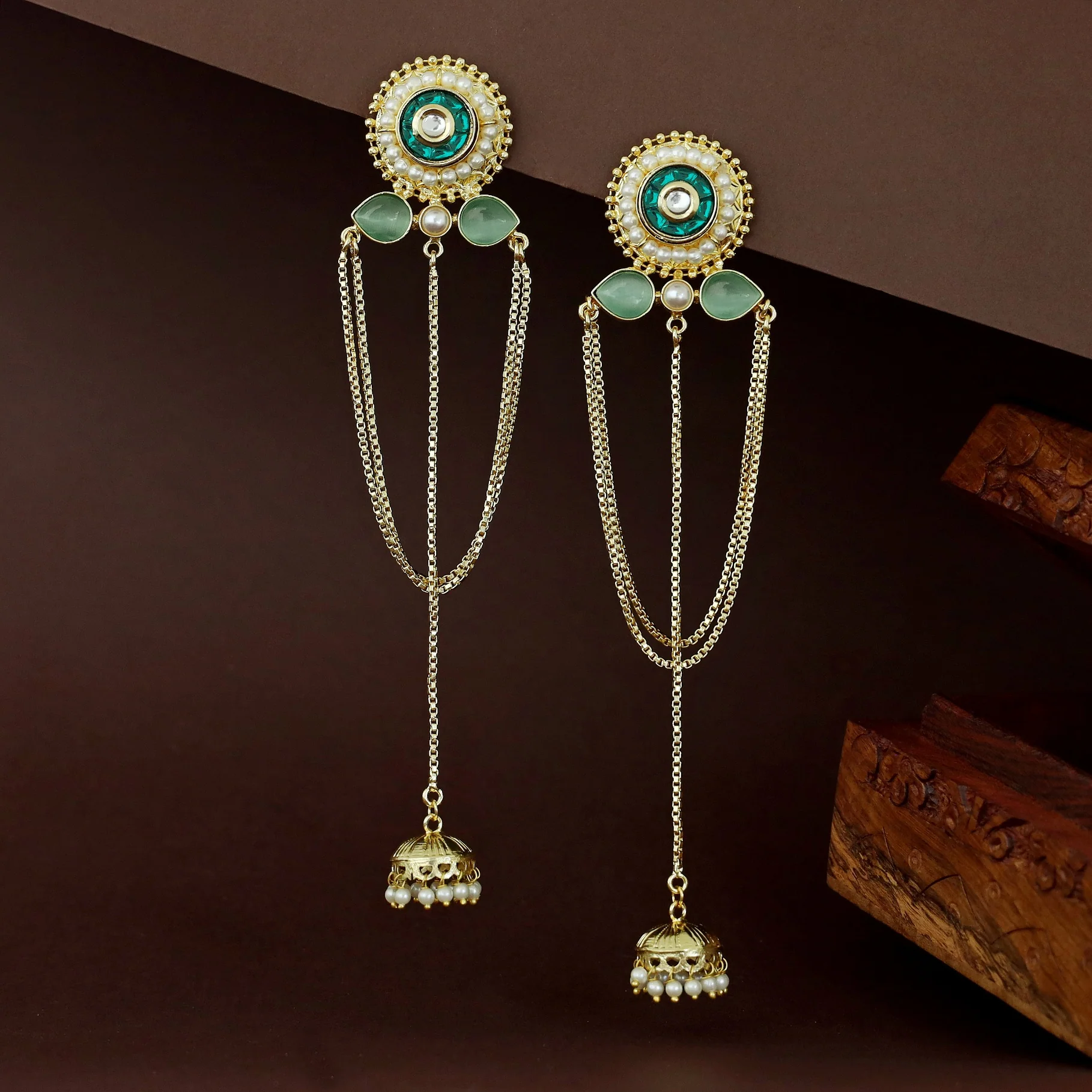 Golden Circle Pearl Glossy Hanging Kashmiri Jhumka - Image 6
