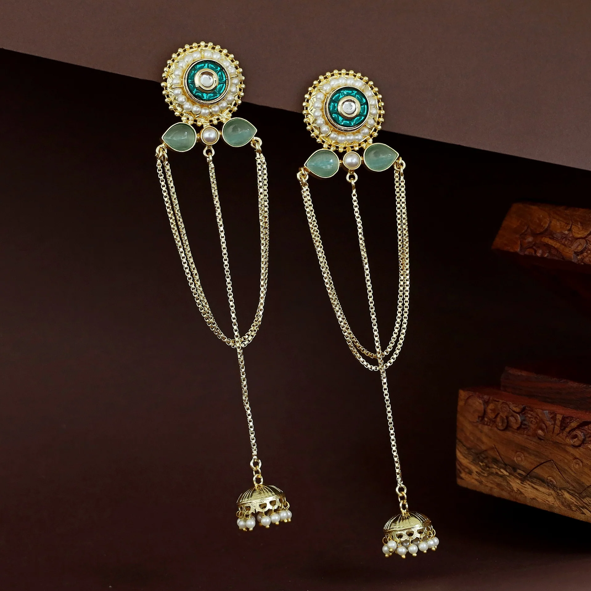 Golden Circle Pearl Glossy Hanging Kashmiri Jhumka - Image 7