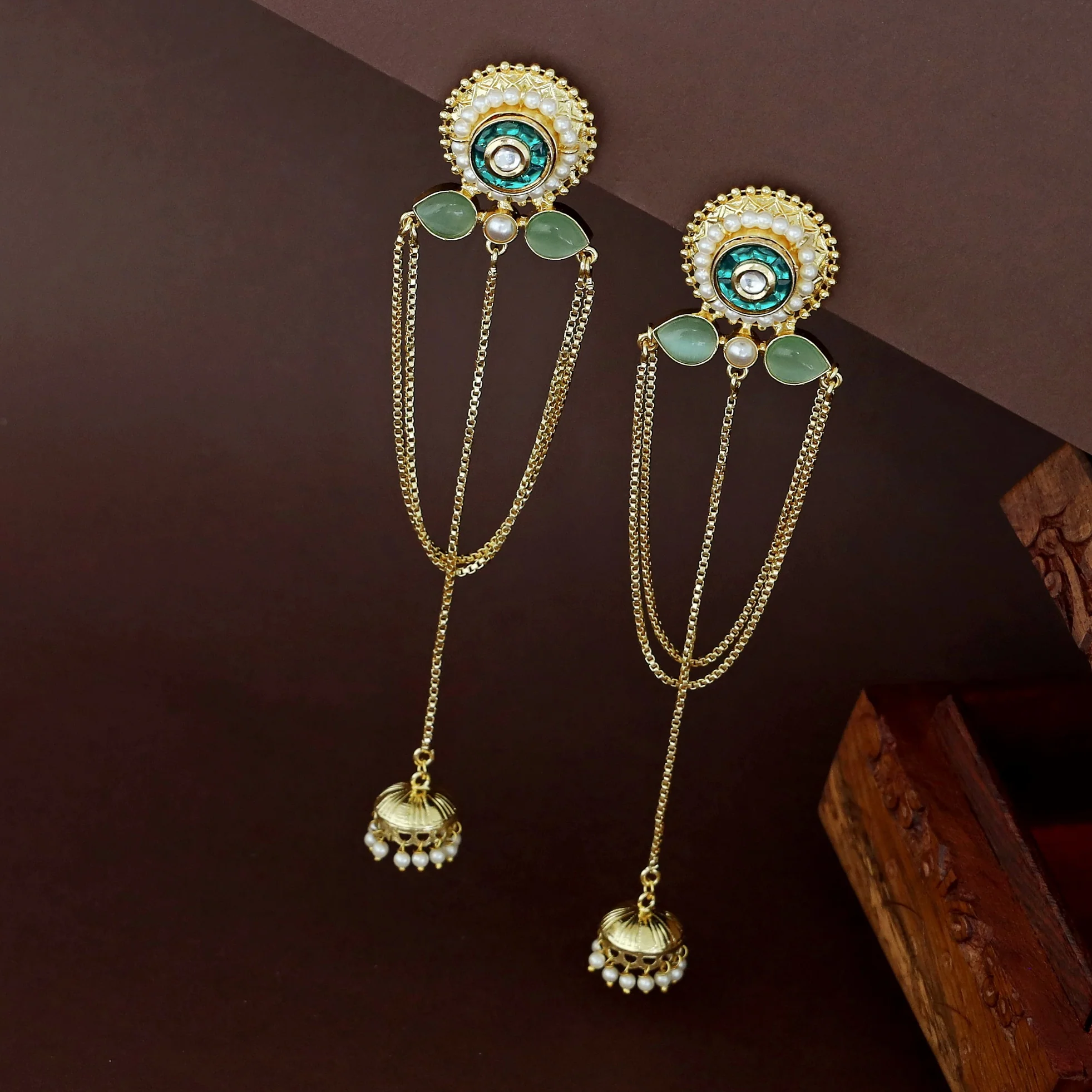 Golden Circle Pearl Glossy Hanging Kashmiri Jhumka - Image 8