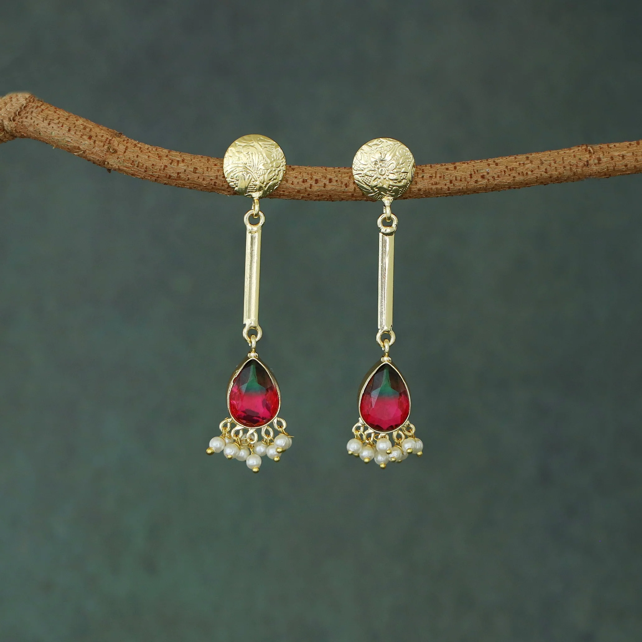 Golden Circle Pendulum Drop Glossy Stone Pearl Earring - Image 10
