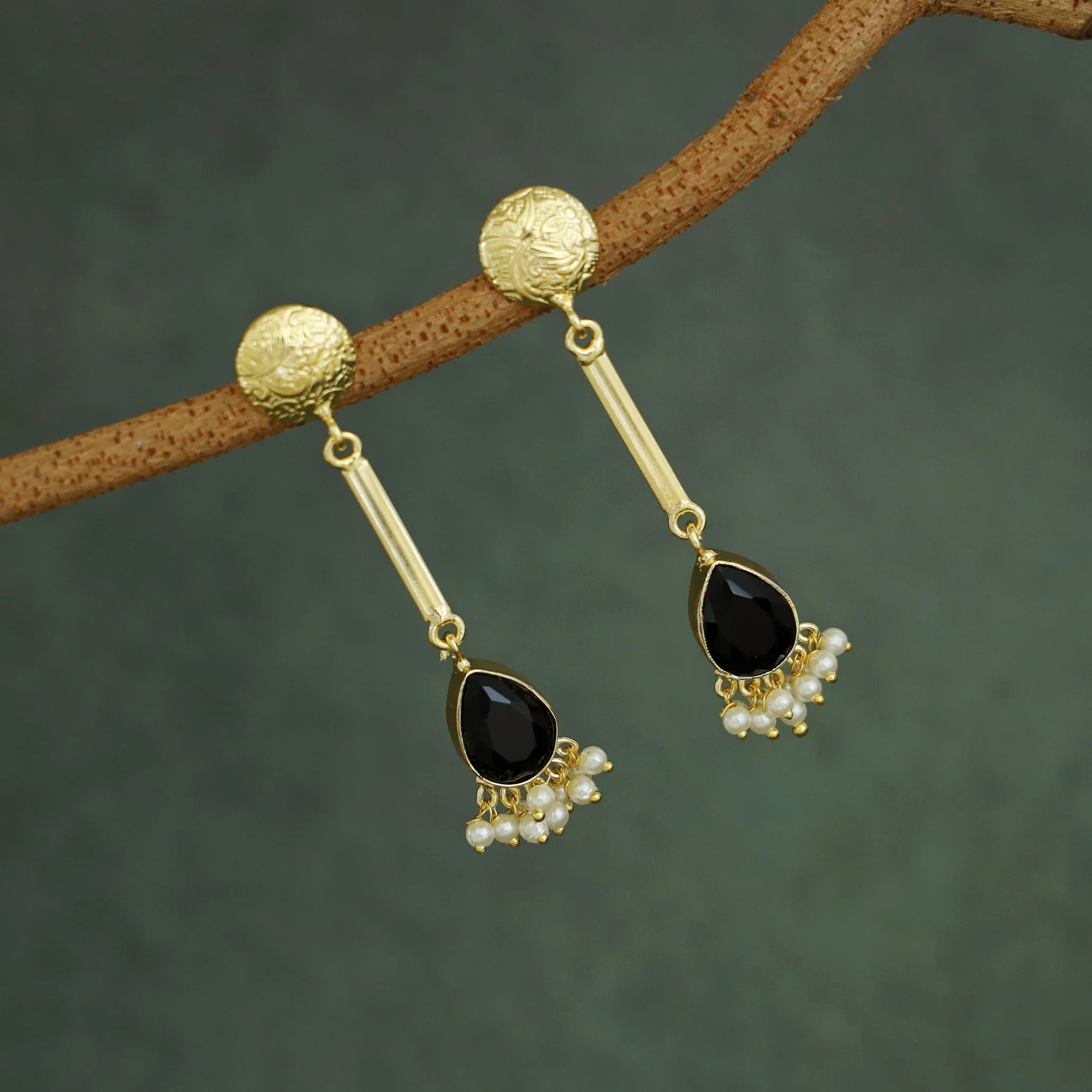 Golden Circle Pendulum Drop Glossy Stone Pearl Earring - Image 11