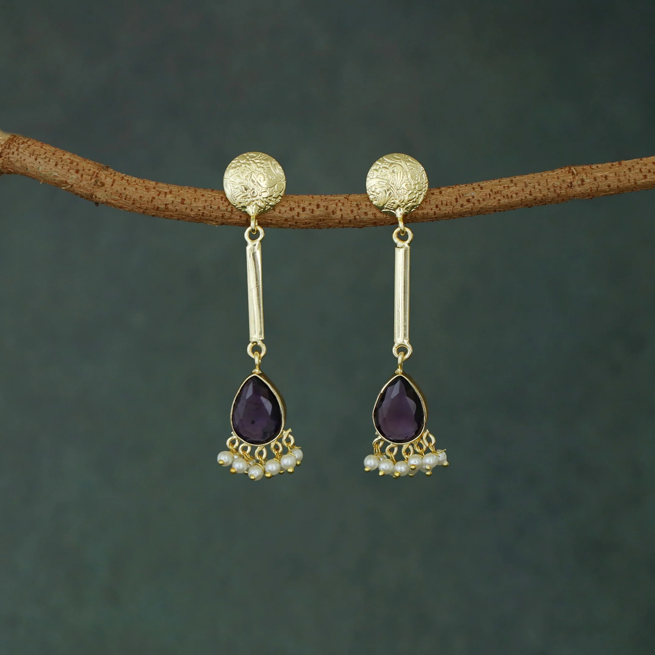 Golden Circle Pendulum Drop Glossy Stone Pearl Earring - Image 3
