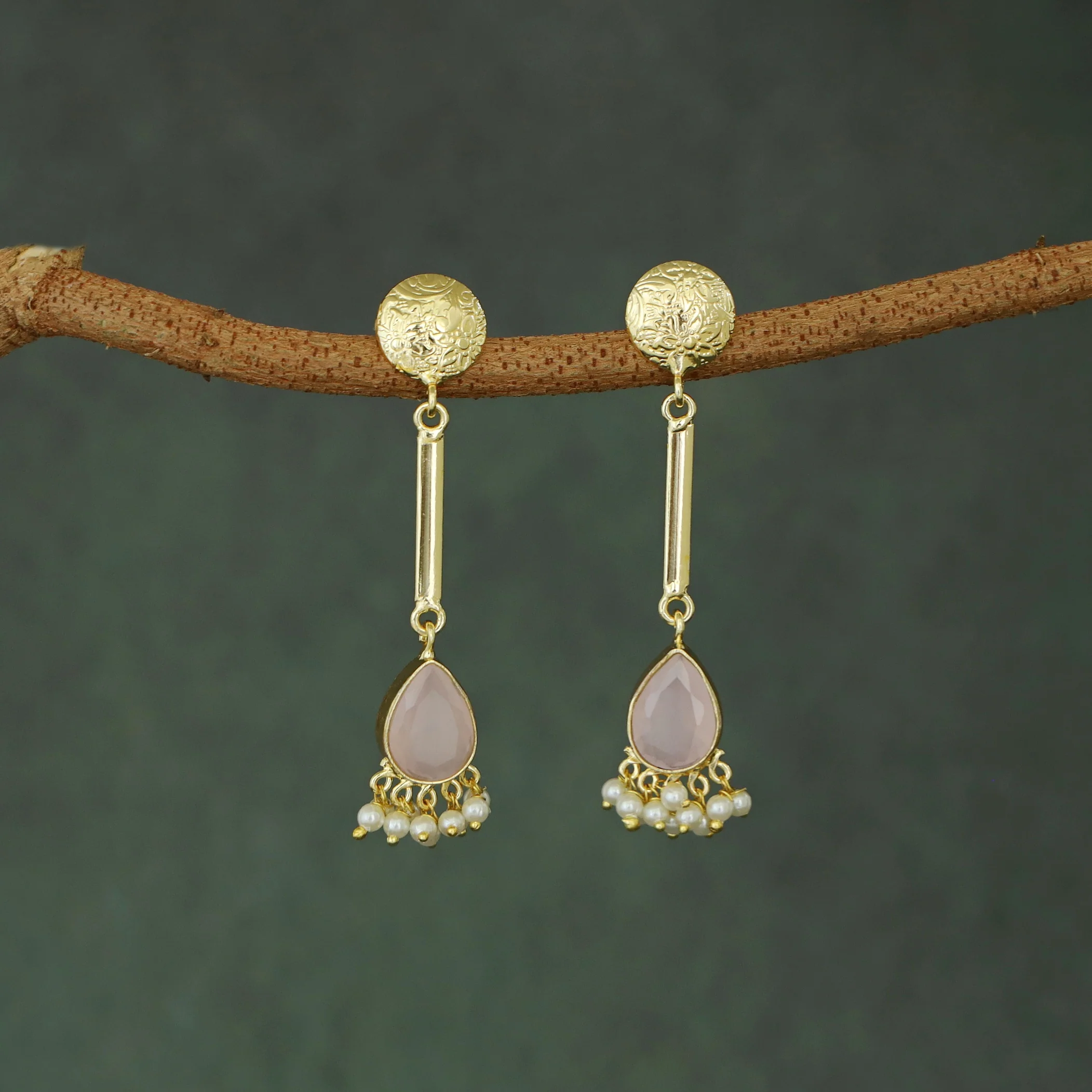 Golden Circle Pendulum Drop Glossy Stone Pearl Earring - Image 4