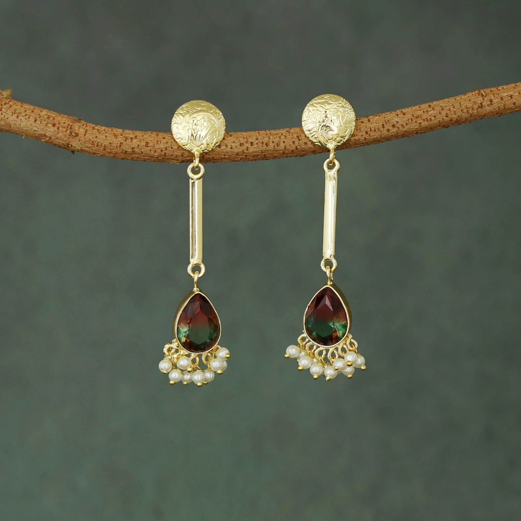 Golden Circle Pendulum Drop Glossy Stone Pearl Earring - Image 5