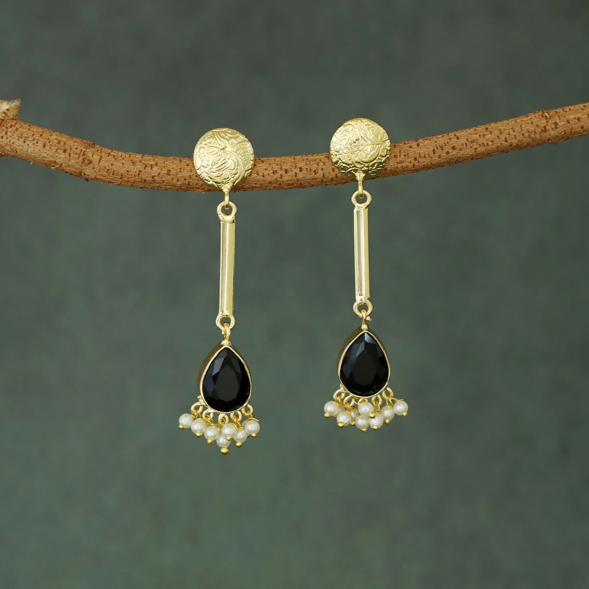 Golden Circle Pendulum Drop Glossy Stone Pearl Earring - Image 6
