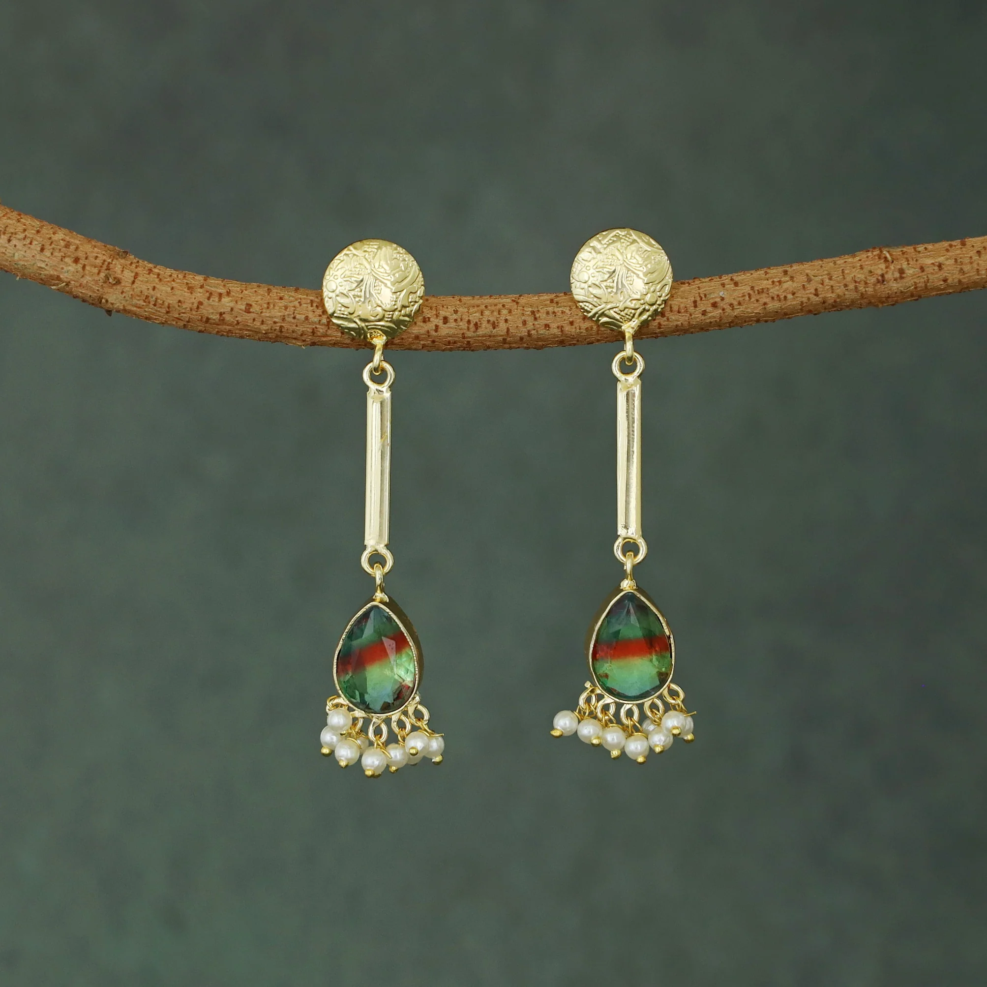 Golden Circle Pendulum Drop Glossy Stone Pearl Earring - Image 8