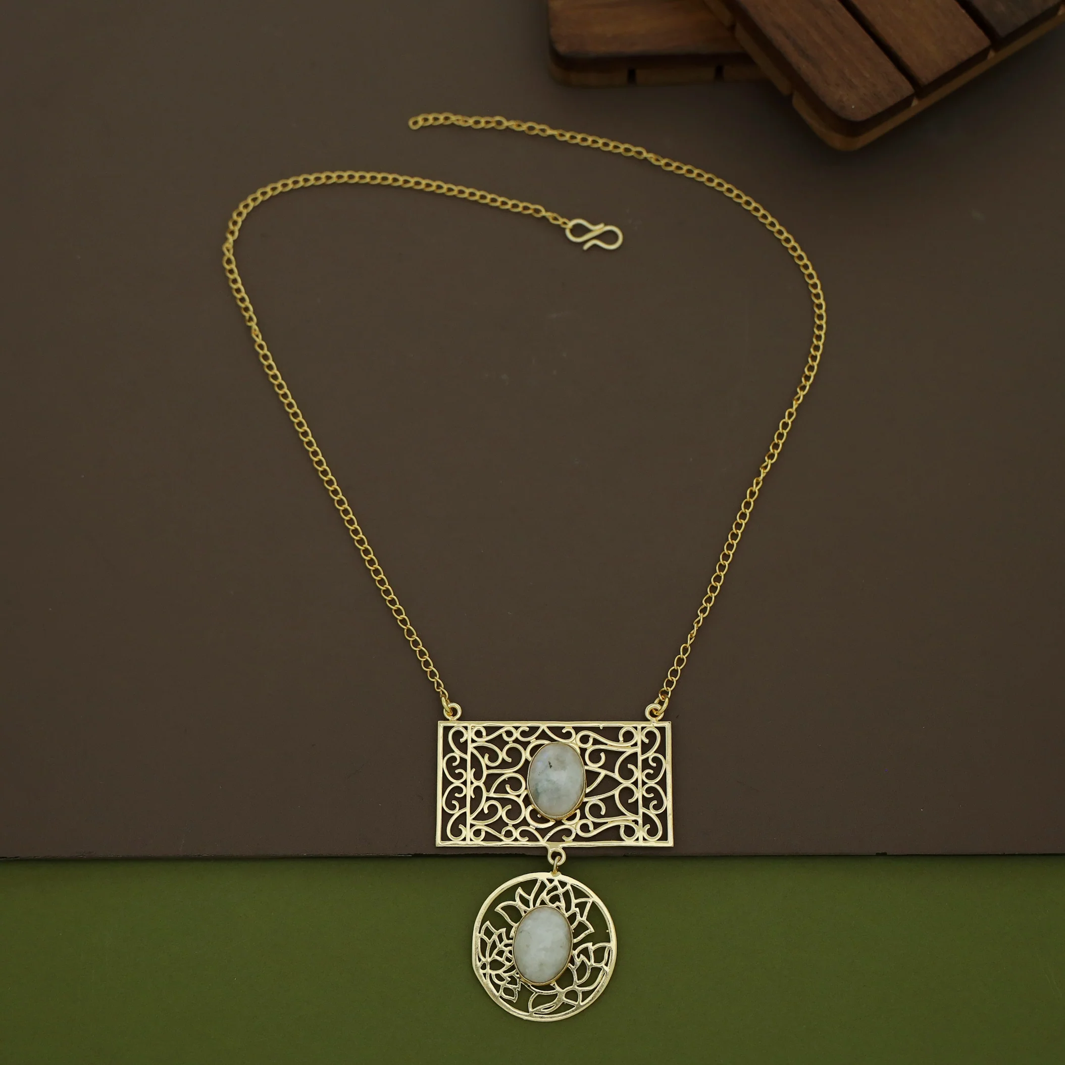 Golden Circle + Rectangle Frame Oval Natural Stone Neckpiece - Image 10