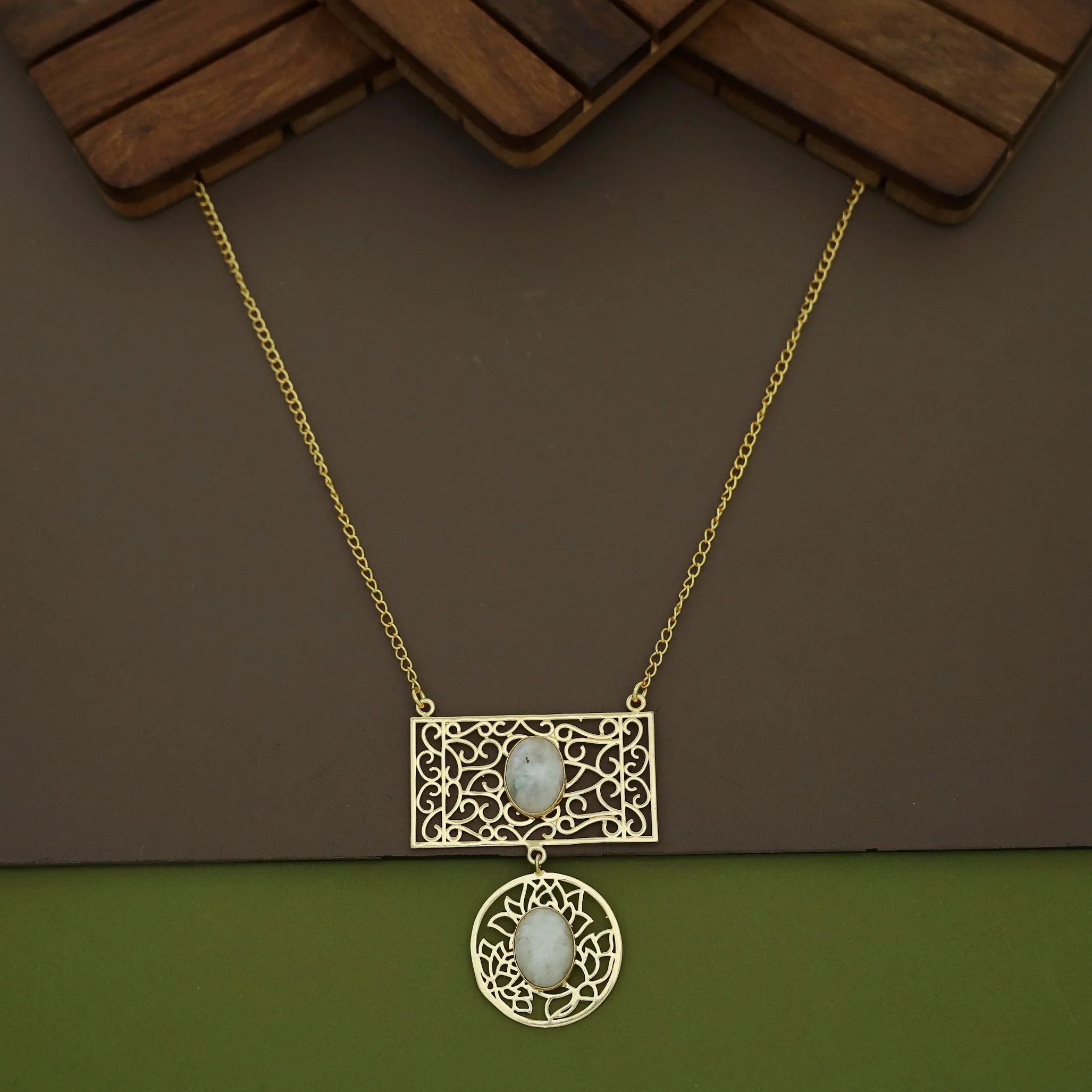 Golden Circle + Rectangle Frame Oval Natural Stone Neckpiece - Image 11