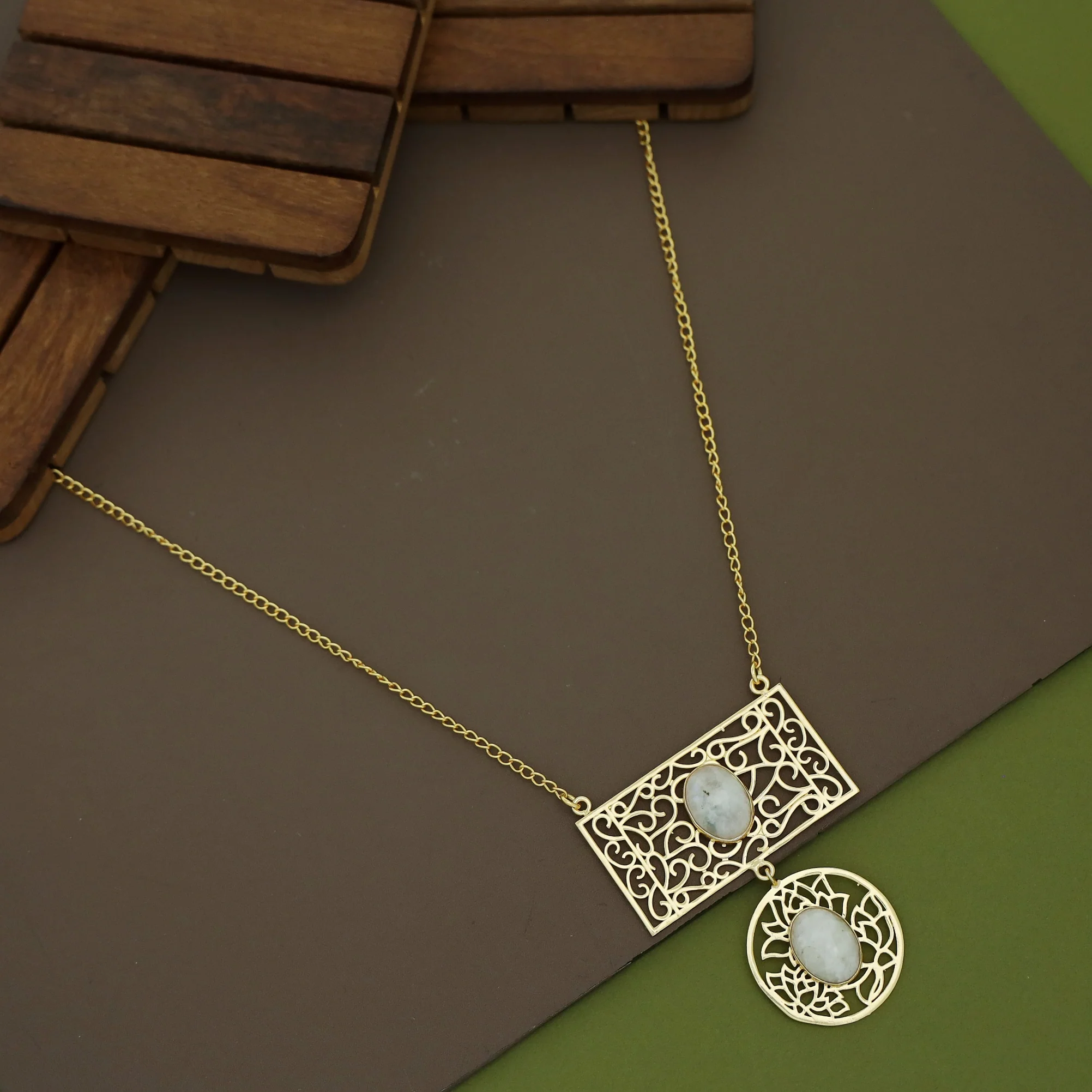 Golden Circle + Rectangle Frame Oval Natural Stone Neckpiece - Image 12