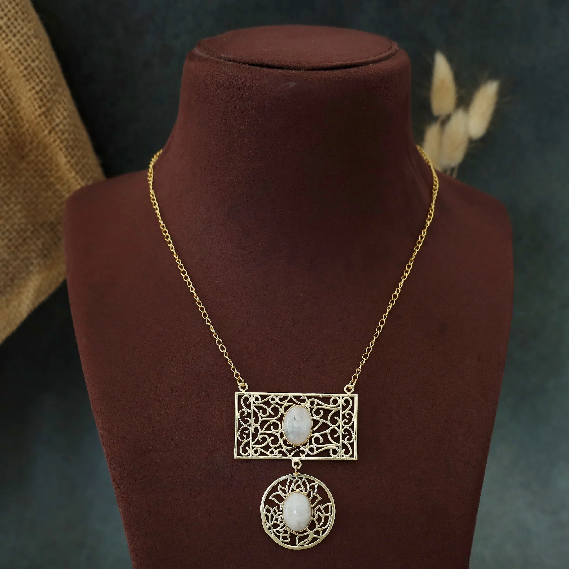 Golden Circle + Rectangle Frame Oval Natural Stone Neckpiece - Image 2