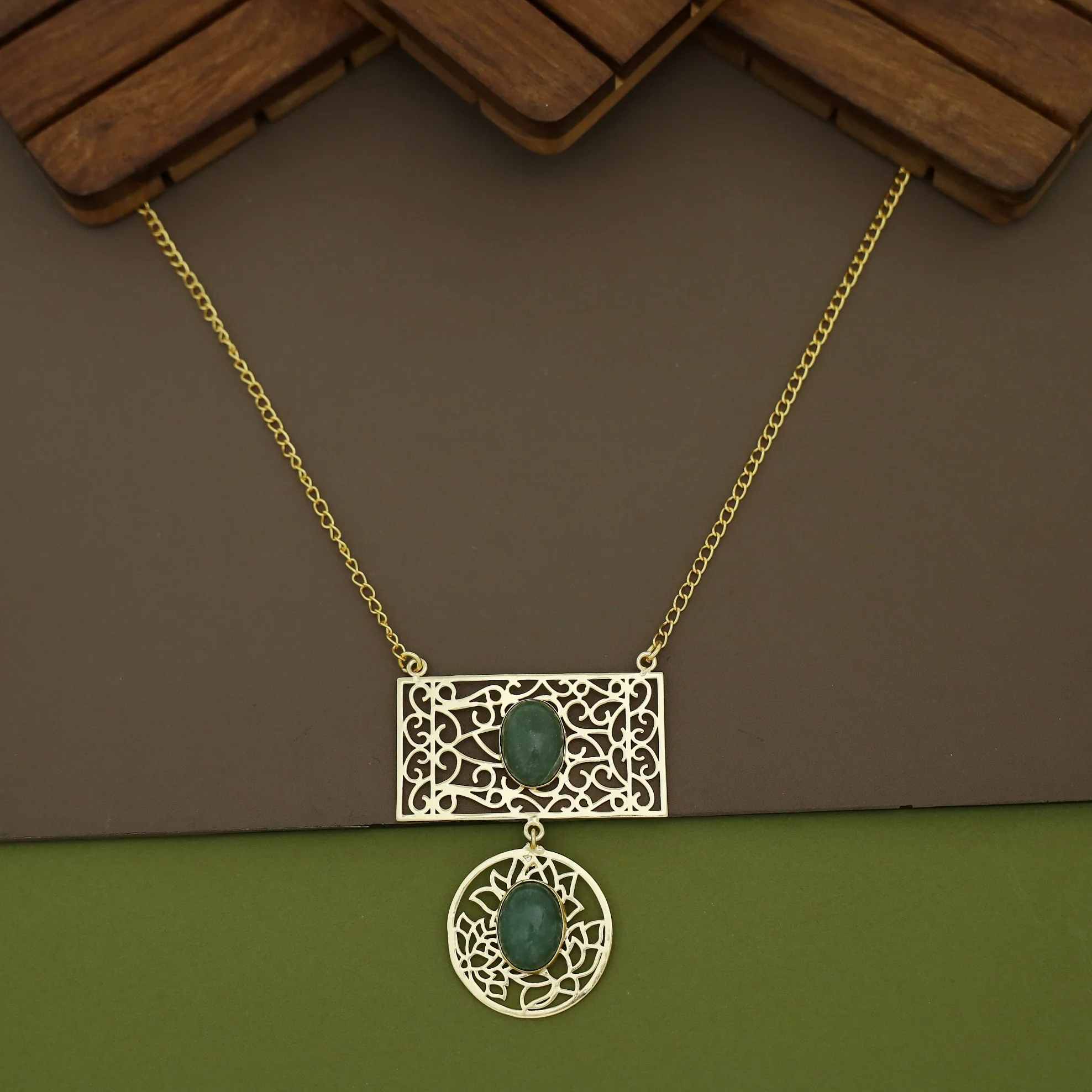 Golden Circle + Rectangle Frame Oval Natural Stone Neckpiece - Image 3
