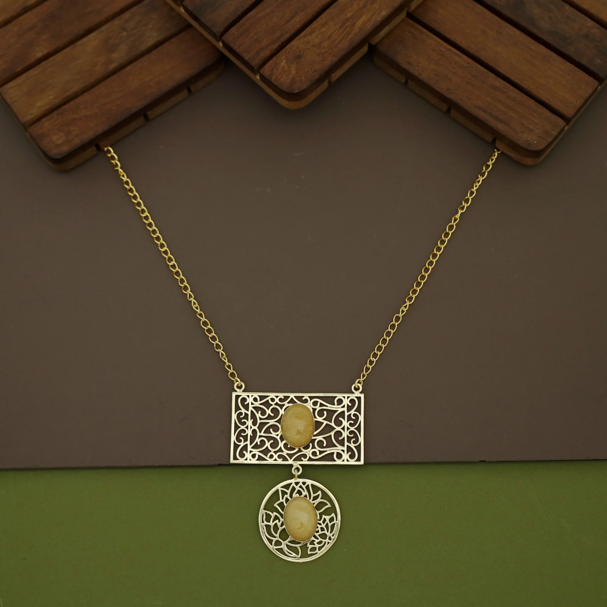 Golden Circle + Rectangle Frame Oval Natural Stone Neckpiece - Image 4