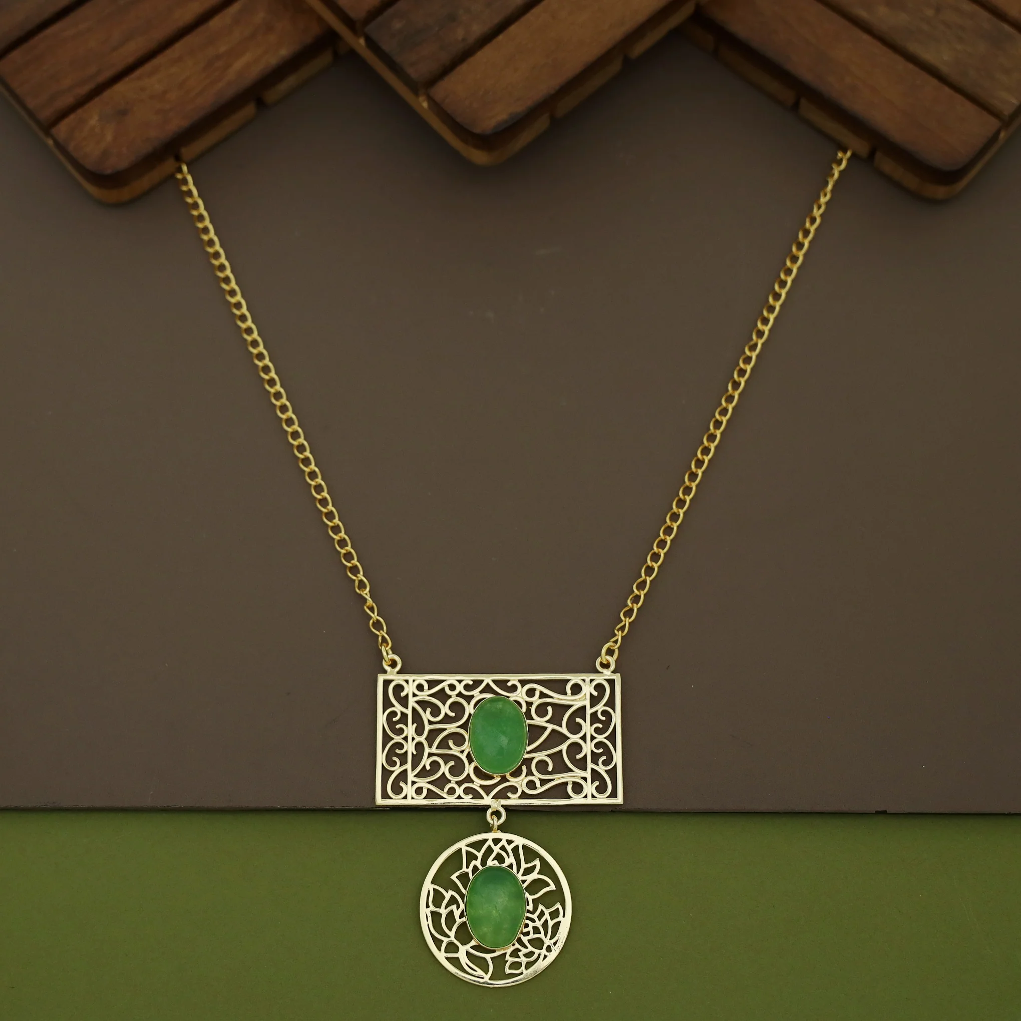 Golden Circle + Rectangle Frame Oval Natural Stone Neckpiece - Image 5