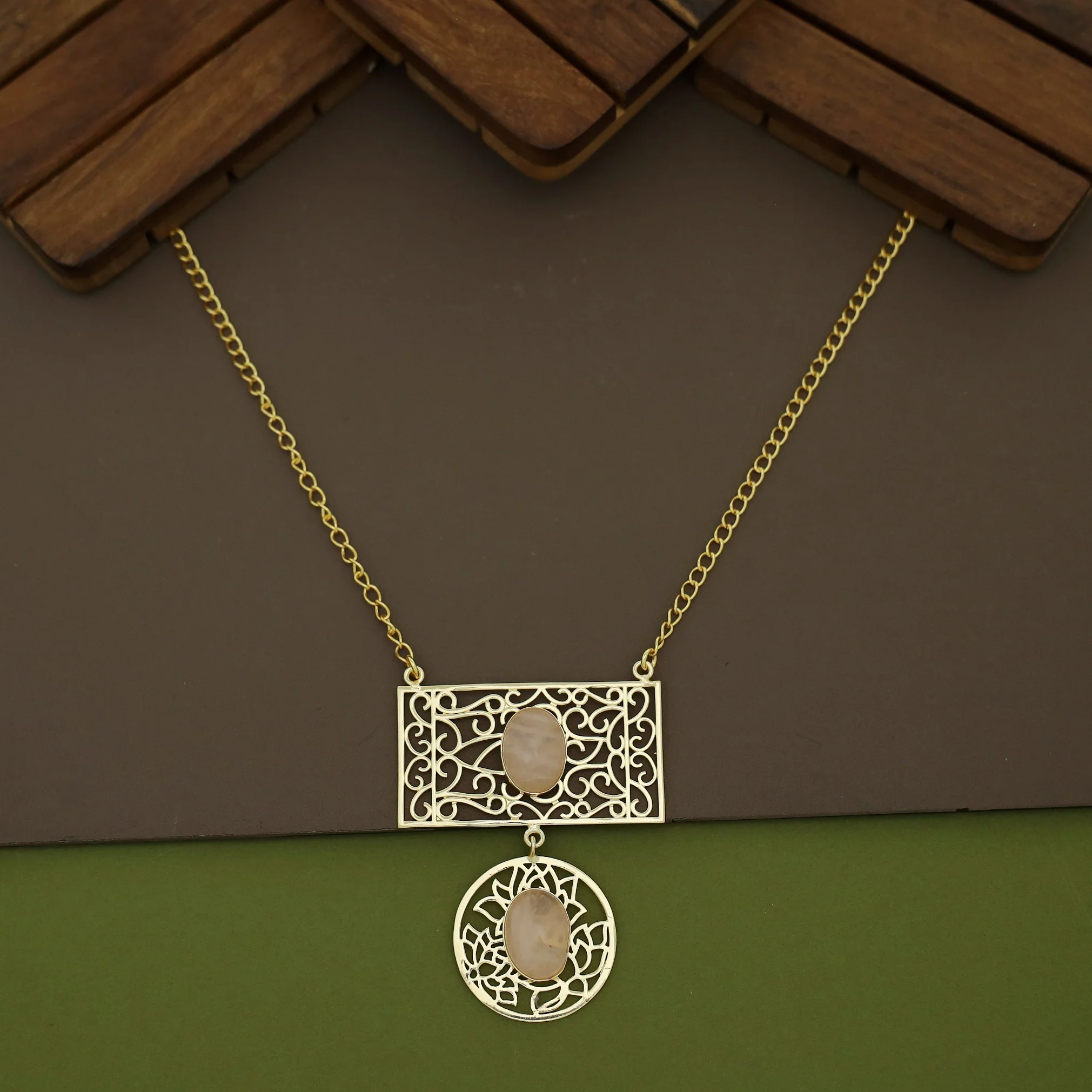 Golden Circle + Rectangle Frame Oval Natural Stone Neckpiece - Image 6