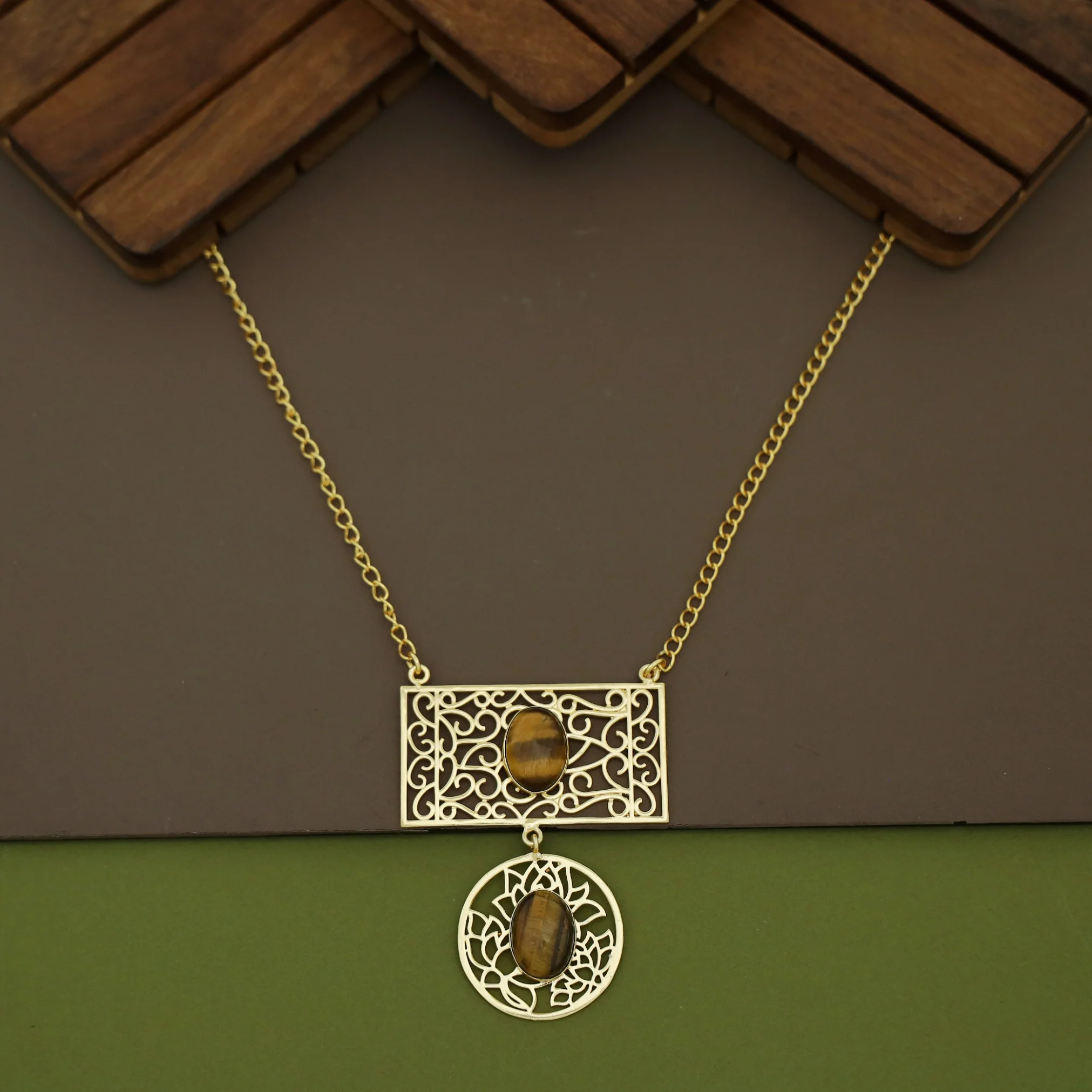 Golden Circle + Rectangle Frame Oval Natural Stone Neckpiece - Image 7