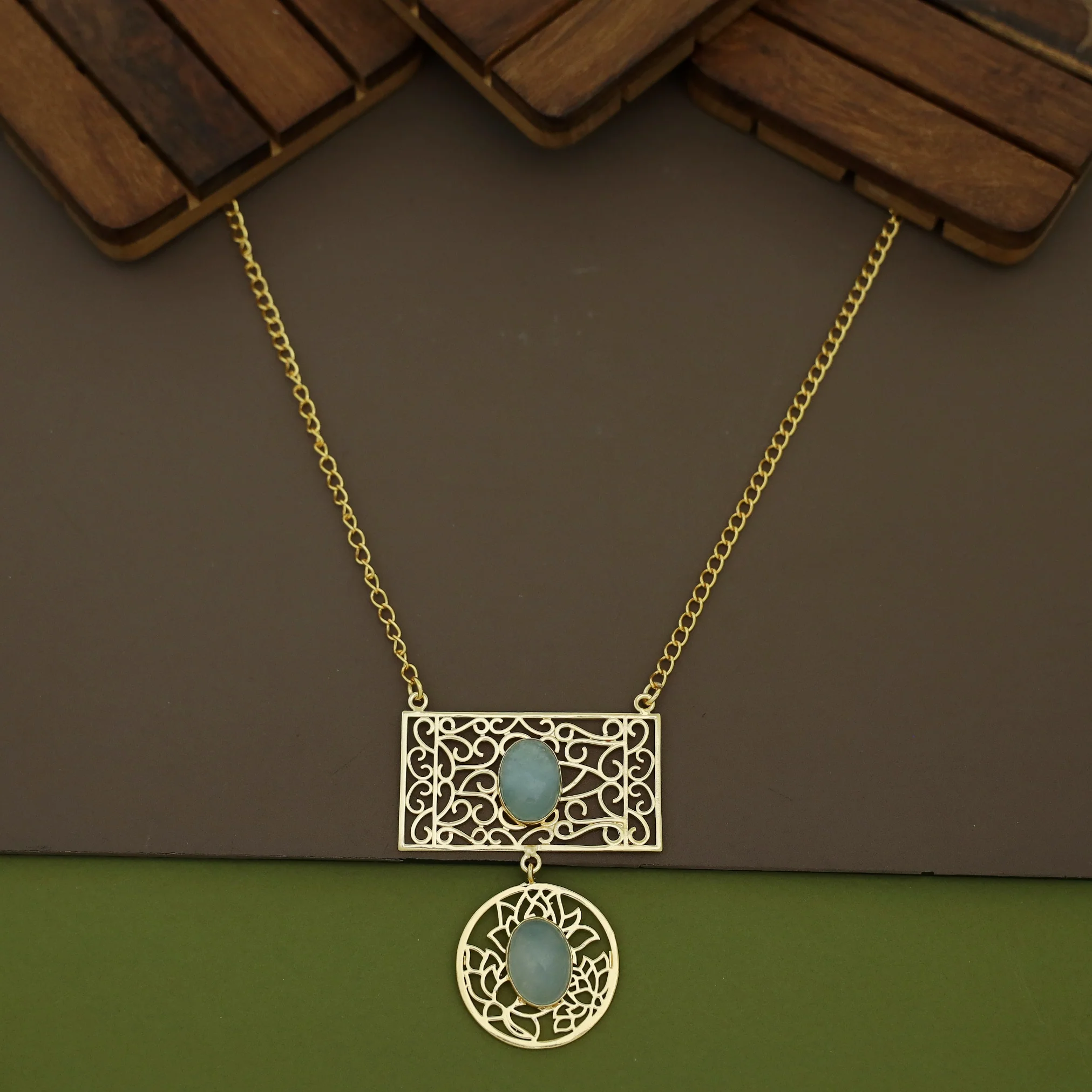 Golden Circle + Rectangle Frame Oval Natural Stone Neckpiece - Image 8