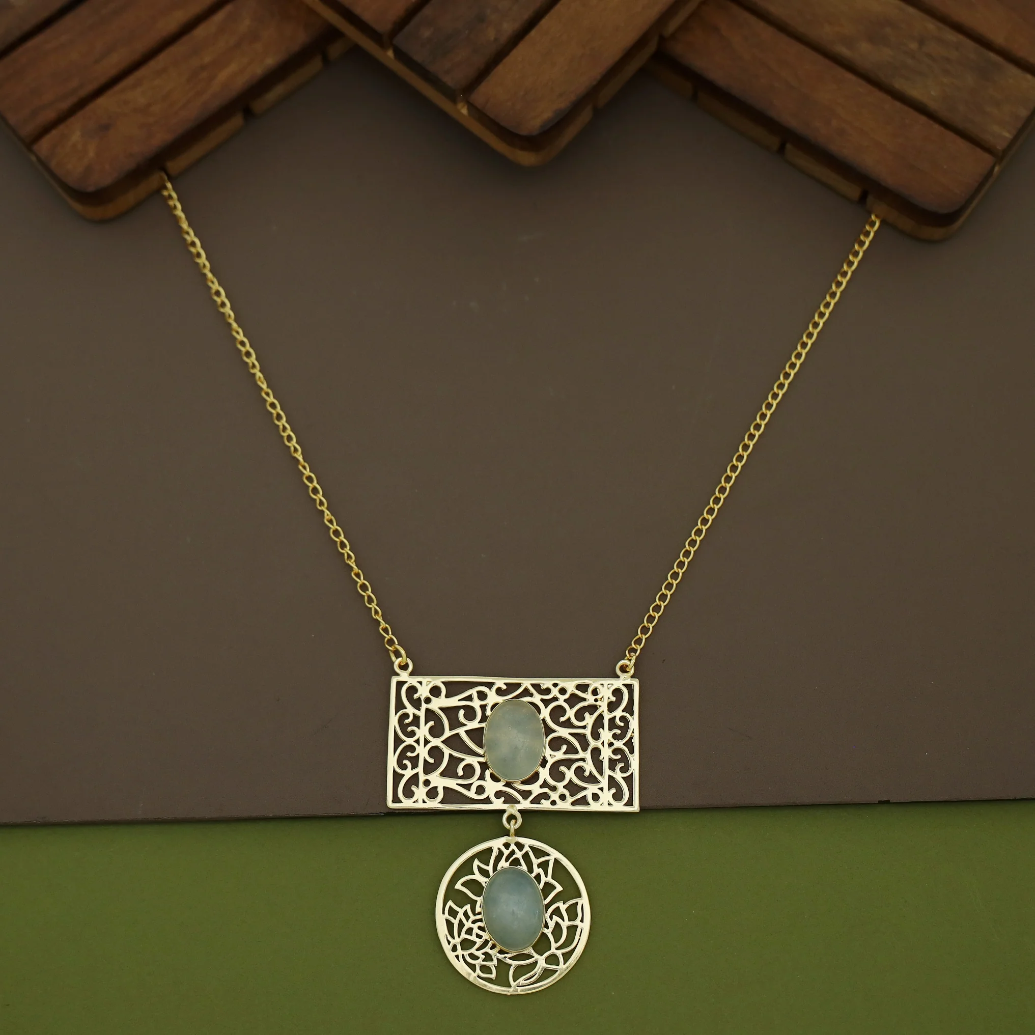 Golden Circle + Rectangle Frame Oval Natural Stone Neckpiece - Image 9
