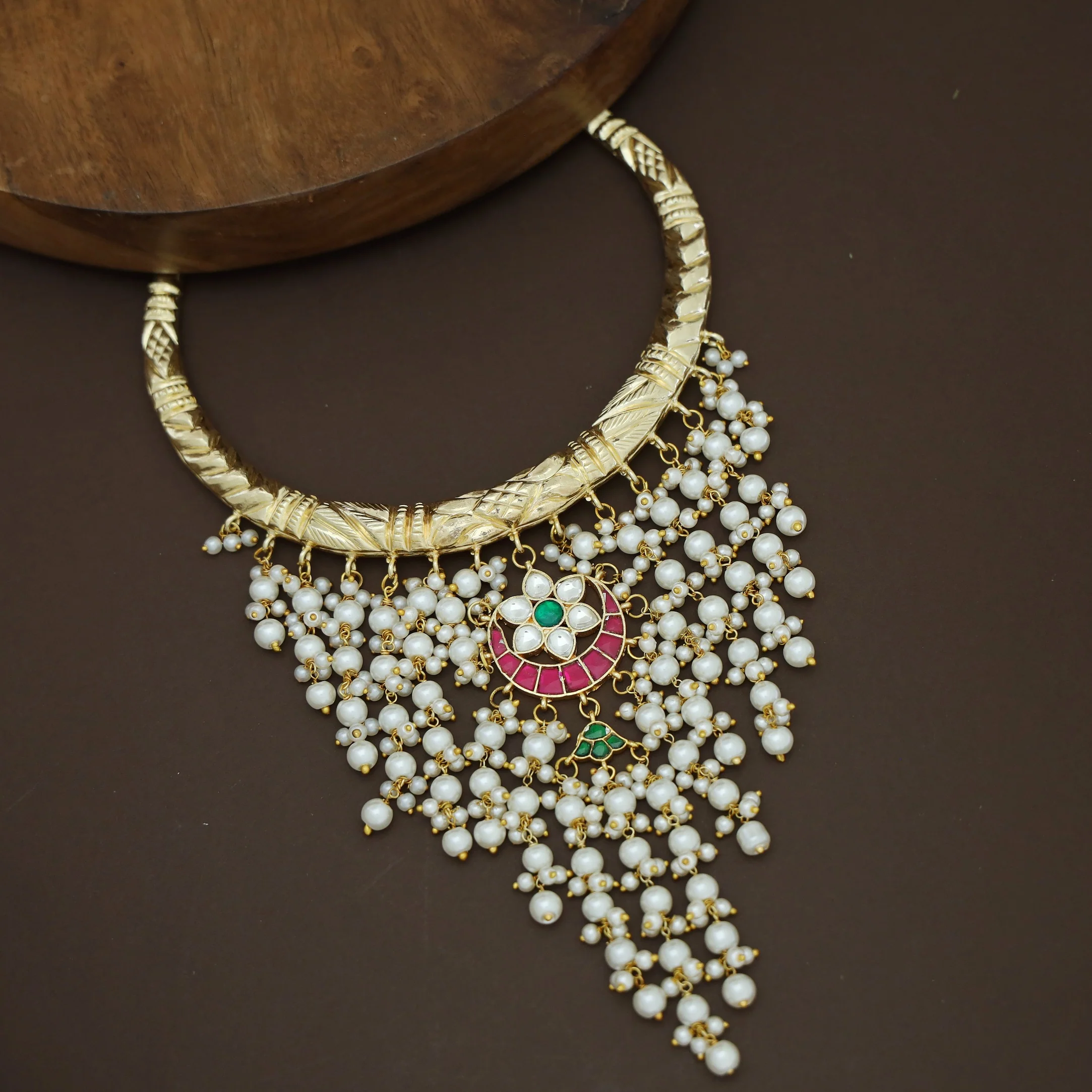 Golden Cluster Pearl Hanging Jadau Kundan Flower Neck-Cuff - Image 2