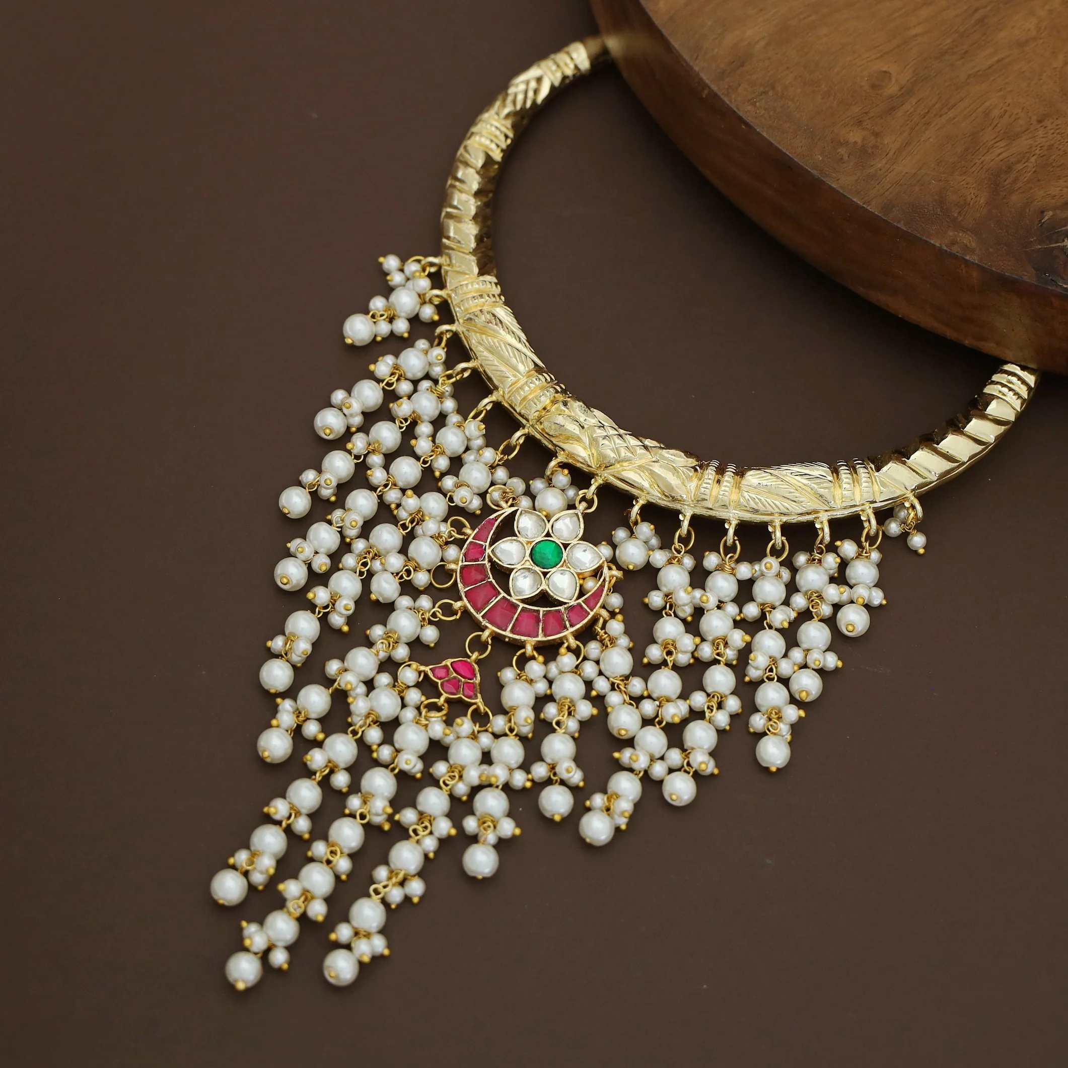 Golden Cluster Pearl Hanging Jadau Kundan Flower Neck-Cuff - Image 4
