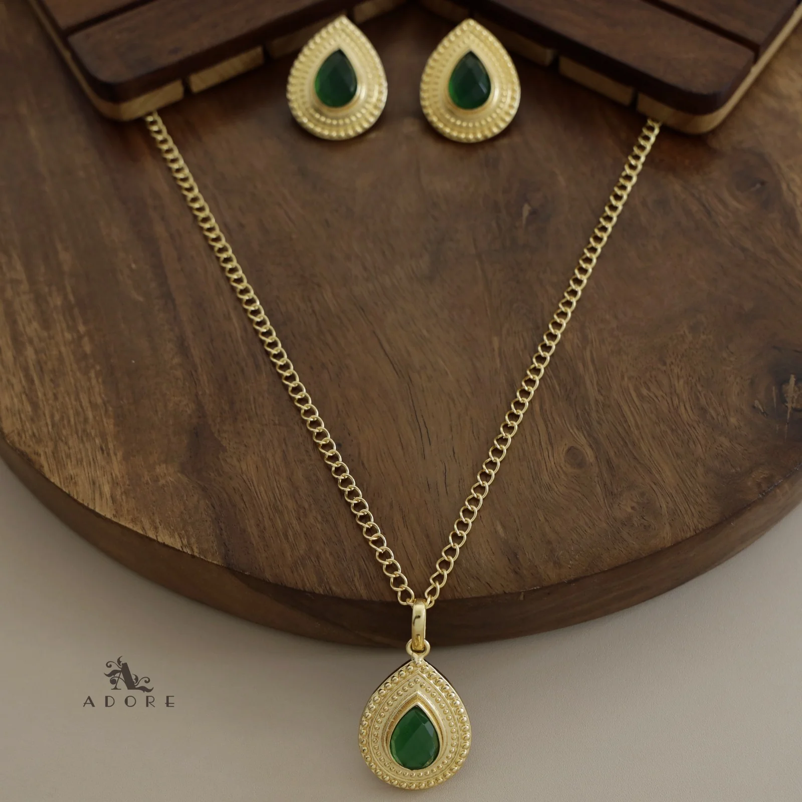 Golden Dotted Glossy Drop Long Neckpiece With Earring - Image 3