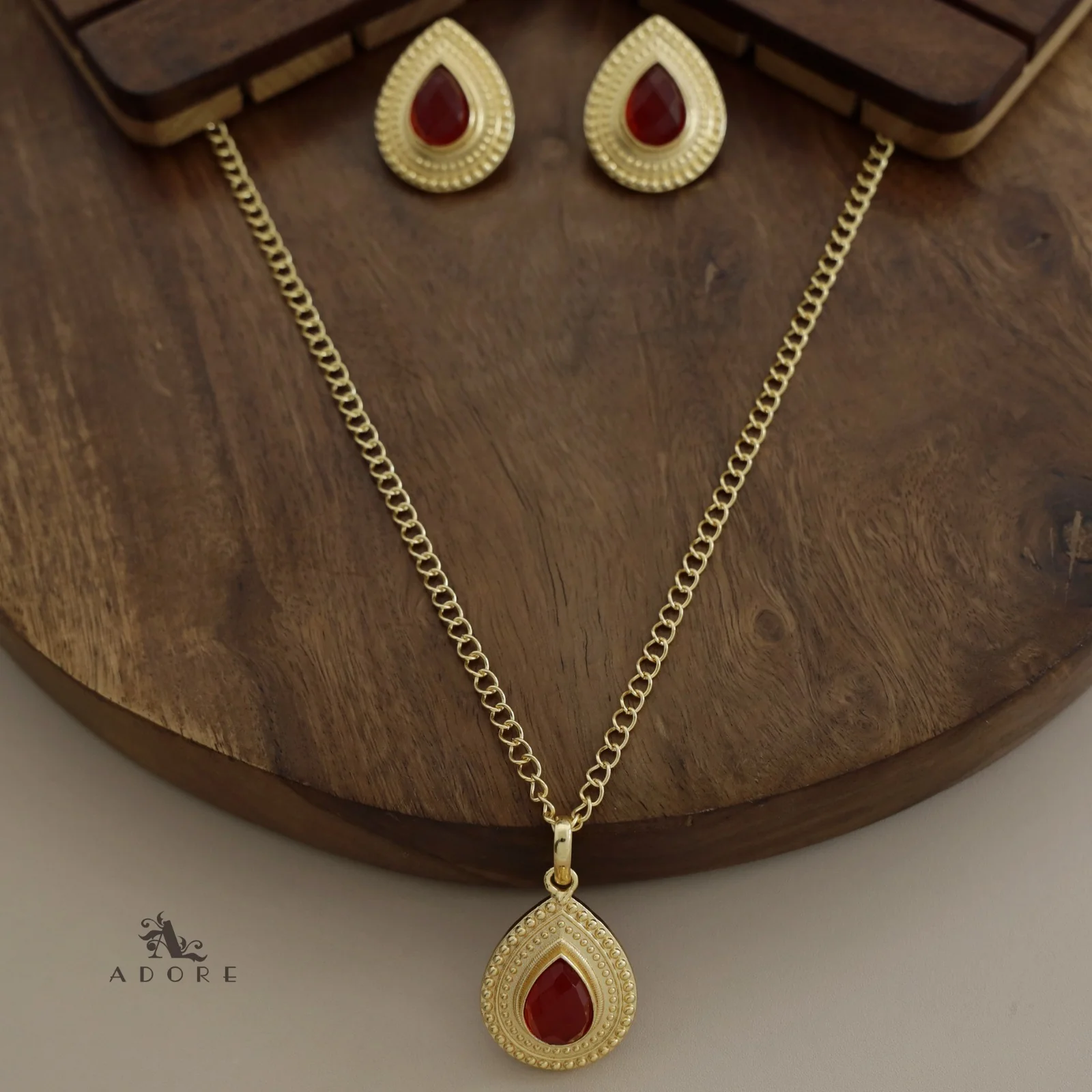 Golden Dotted Glossy Drop Long Neckpiece With Earring - Image 4