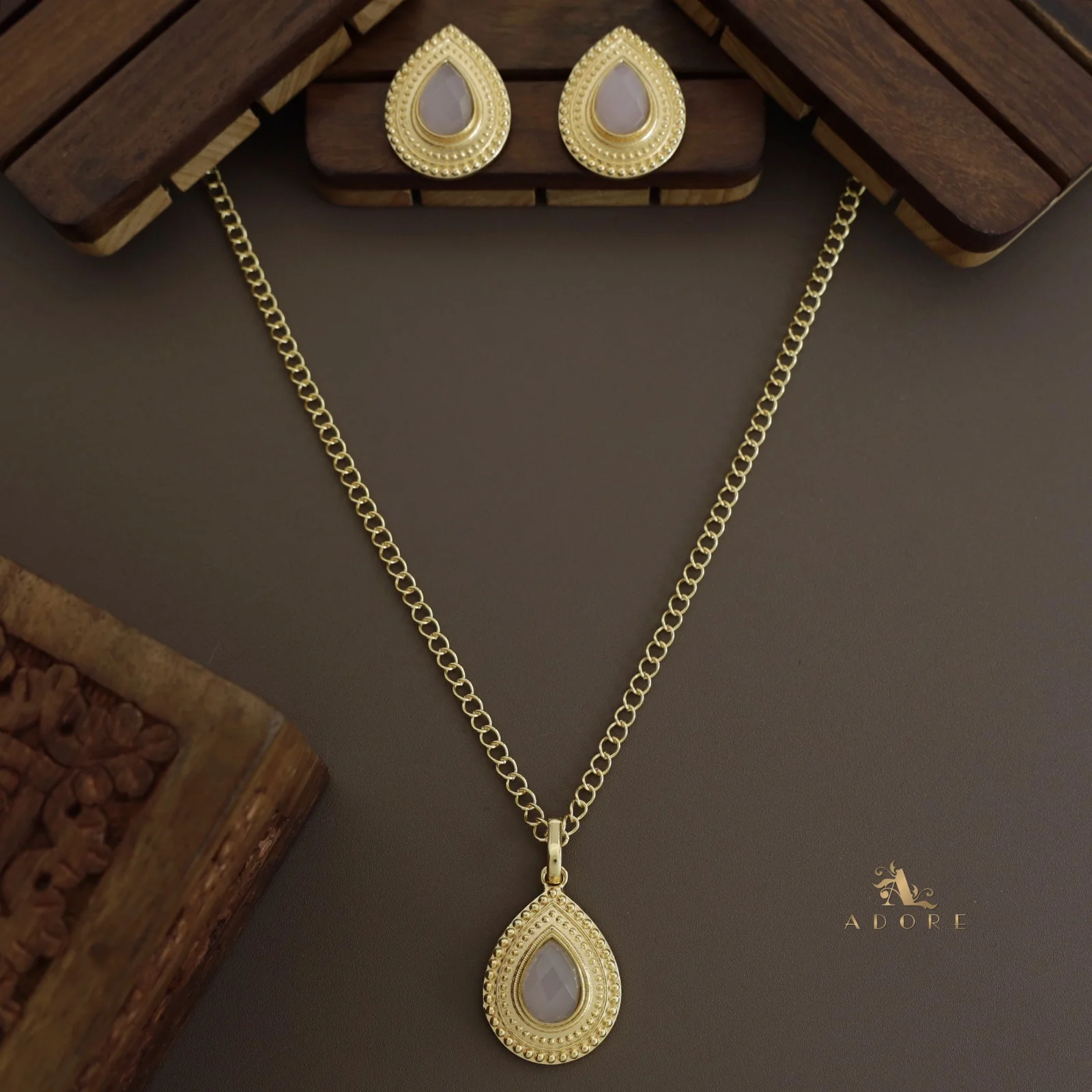 Golden Dotted Glossy Drop Long Neckpiece With Earring - Image 7