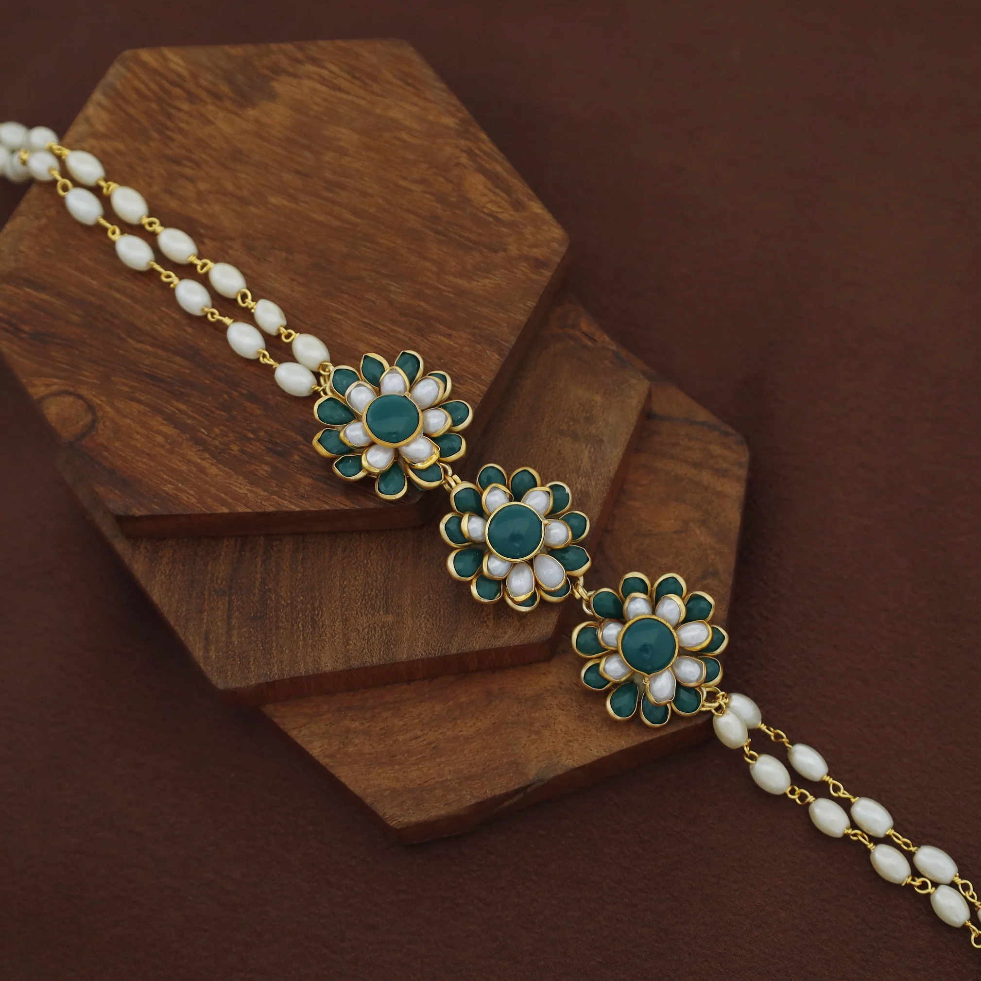 Golden Double Layer Tri Flower Pearl Choker - Image 10