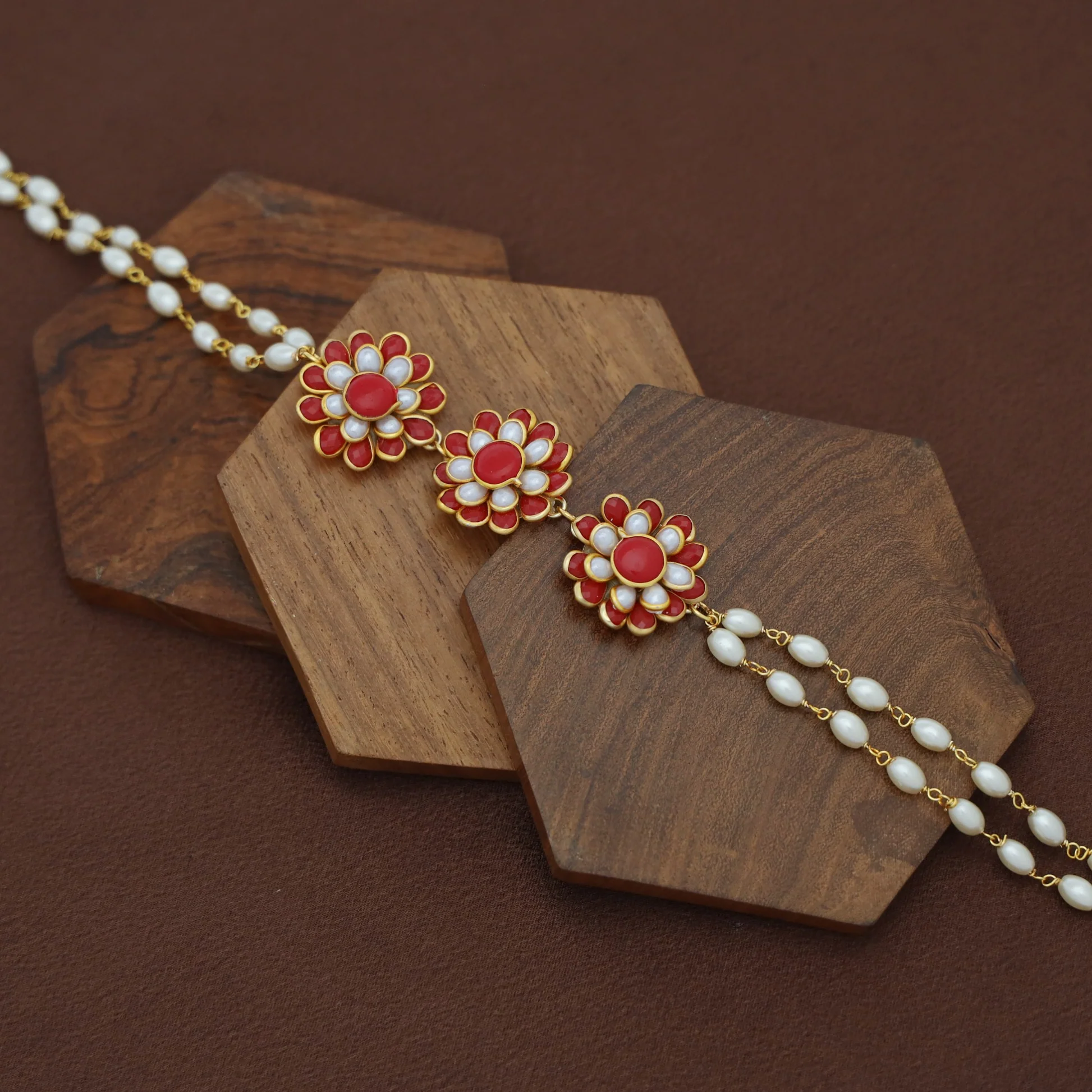 Golden Double Layer Tri Flower Pearl Choker - Image 3