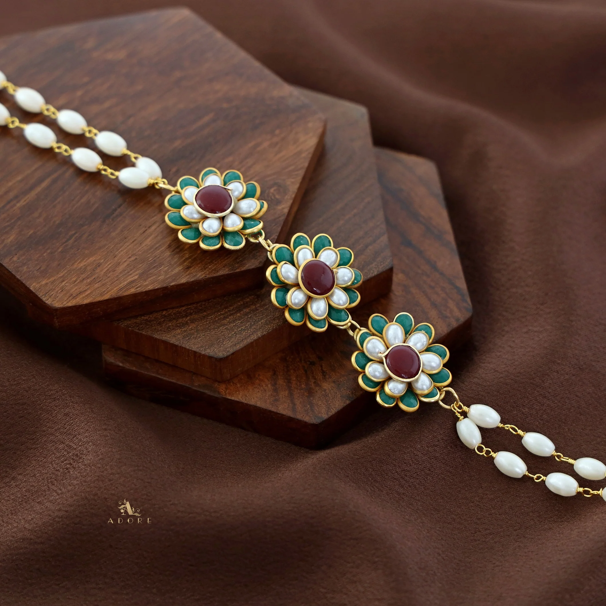 Golden Double Layer Tri Flower Pearl Choker - Image 4