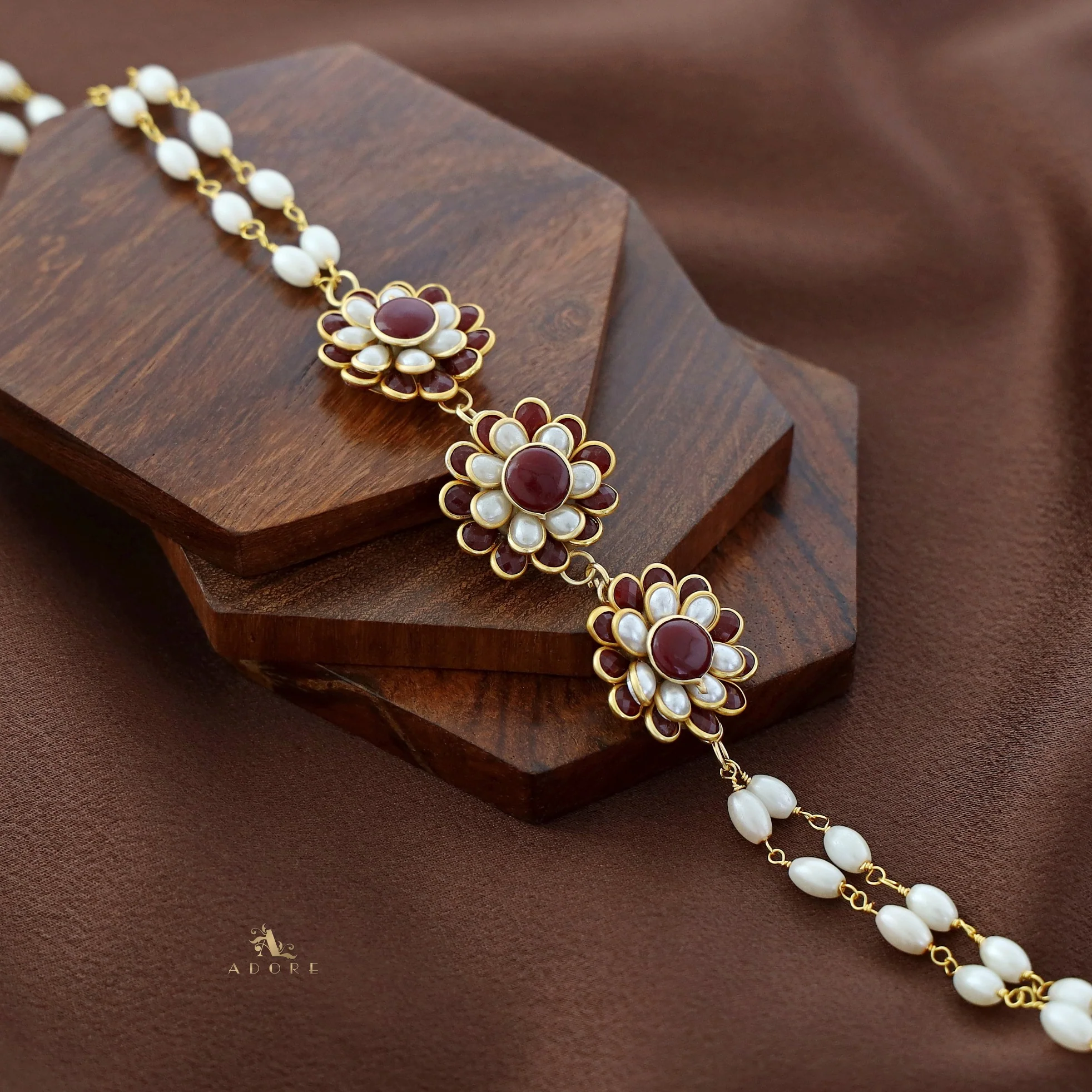Golden Double Layer Tri Flower Pearl Choker - Image 5