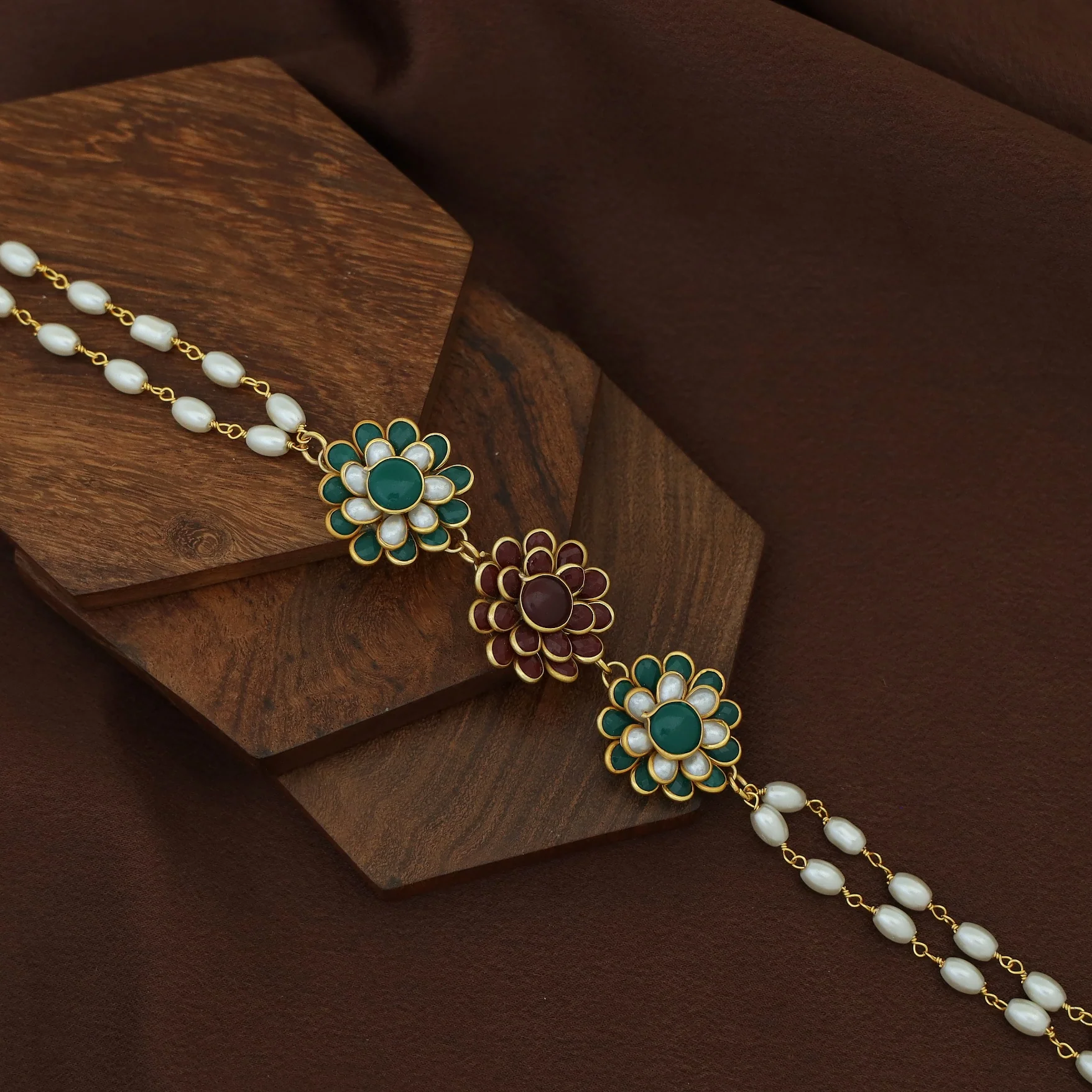 Golden Double Layer Tri Flower Pearl Choker - Image 6