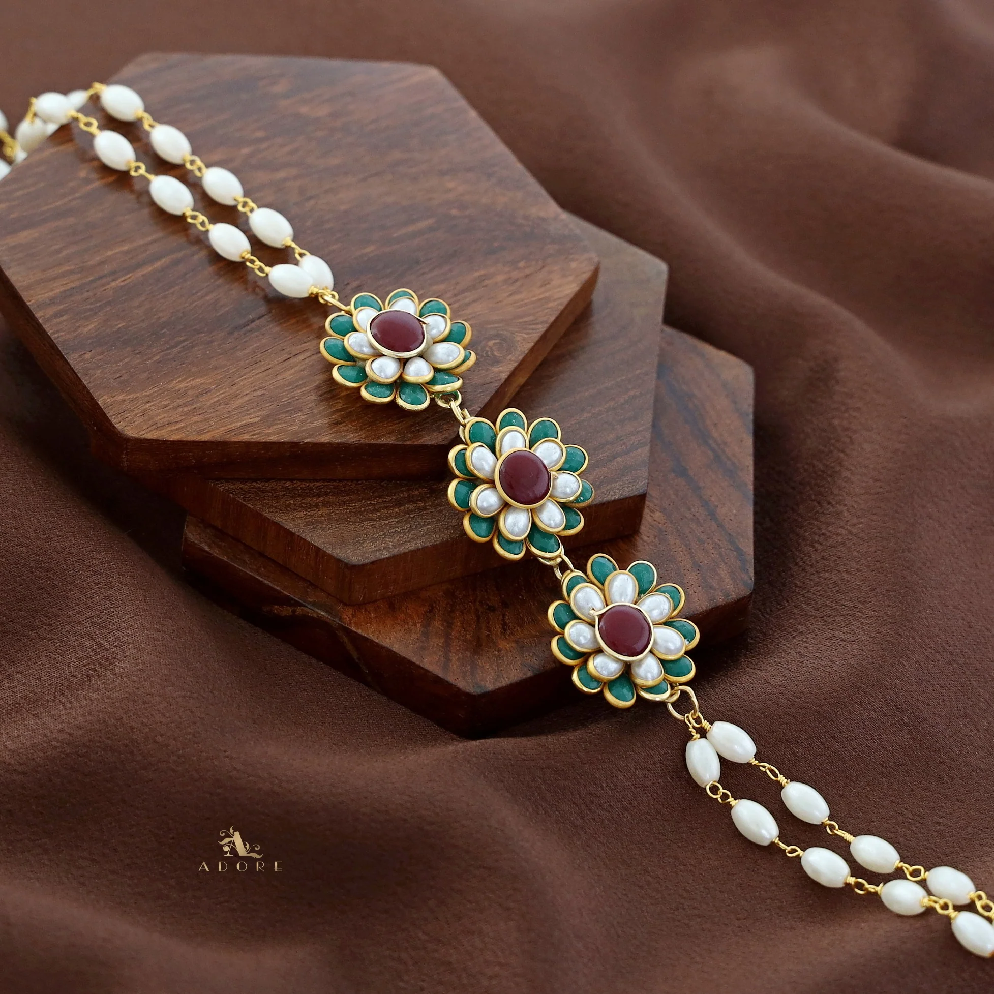 Golden Double Layer Tri Flower Pearl Choker - Image 8