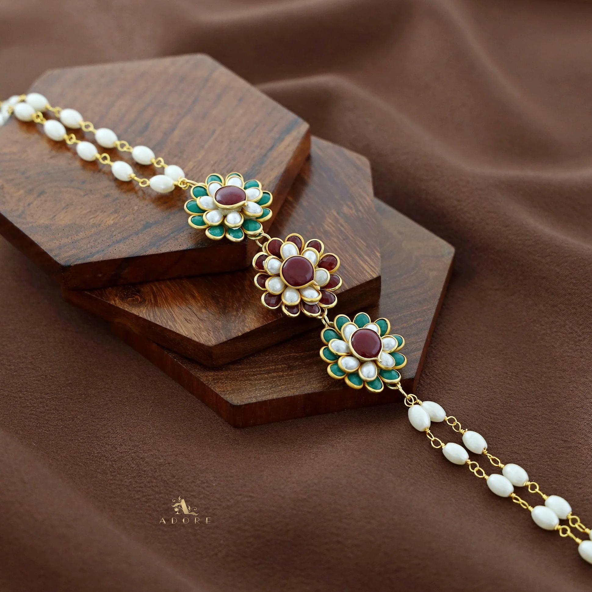 Golden Double Layer Tri Flower Pearl Choker - Image 9