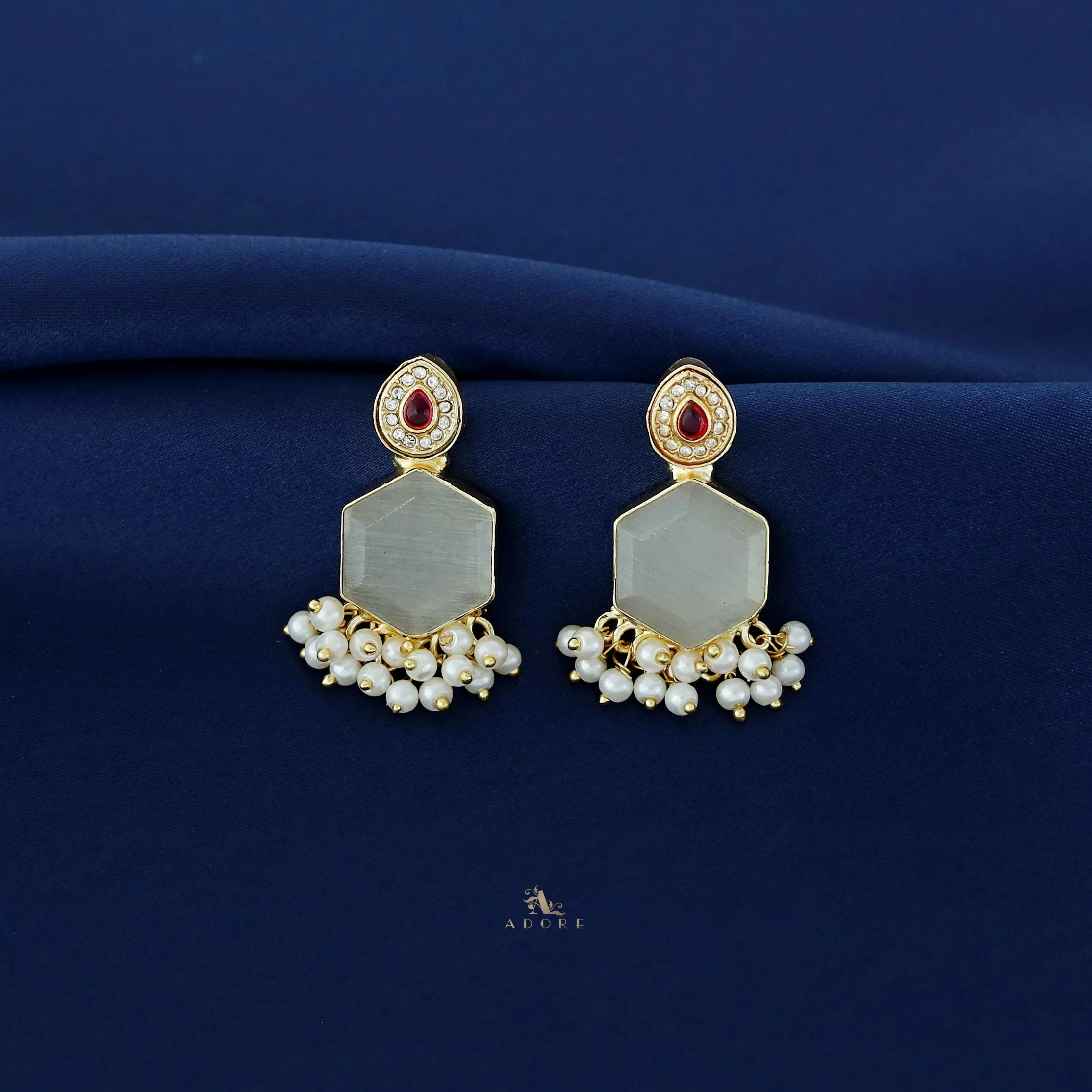 Golden Drop + Hexagon Pearl Hanging Earring - Image 2